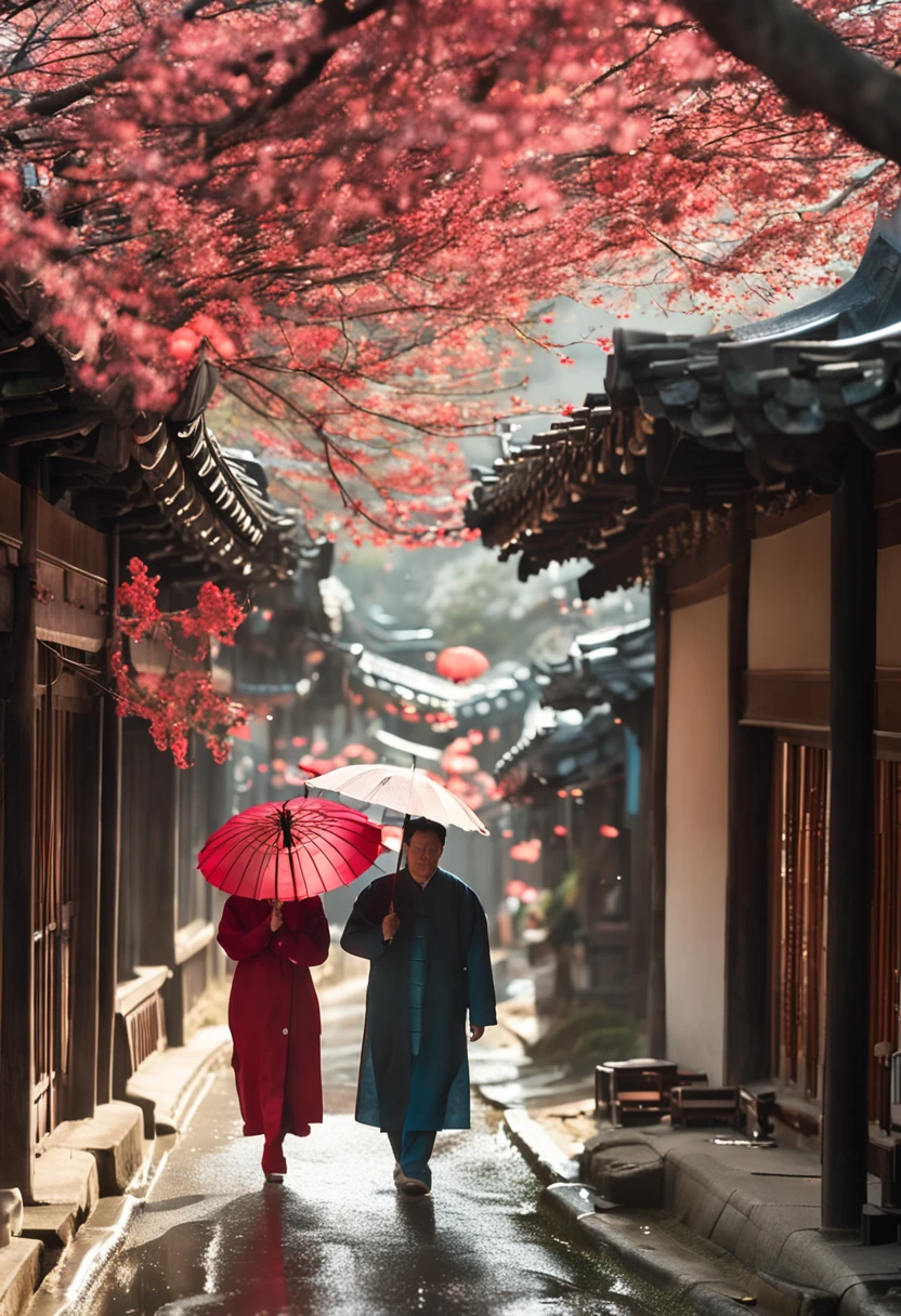 Couples in suits walking affectionately with umbrellas through hanok buildings with the sun shining faintly through the raindrops on a spring day