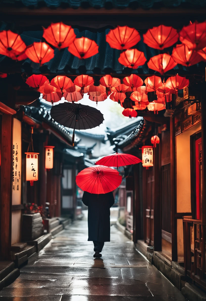 Couples in suits walking affectionately with umbrellas through hanok buildings with the sun shining faintly through the raindrops on a spring day