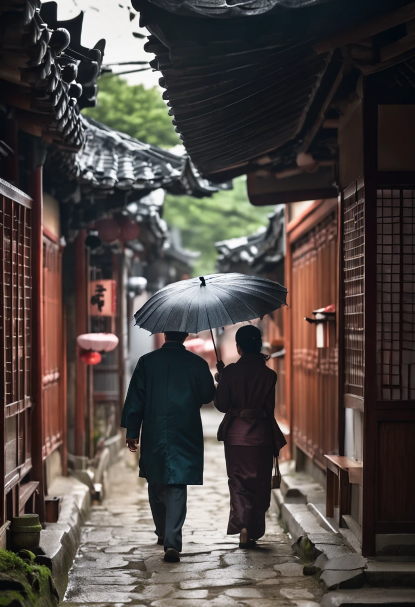 Couples in suits walking affectionately with umbrellas through hanok buildings with the sun shining faintly through the raindrops on a spring day