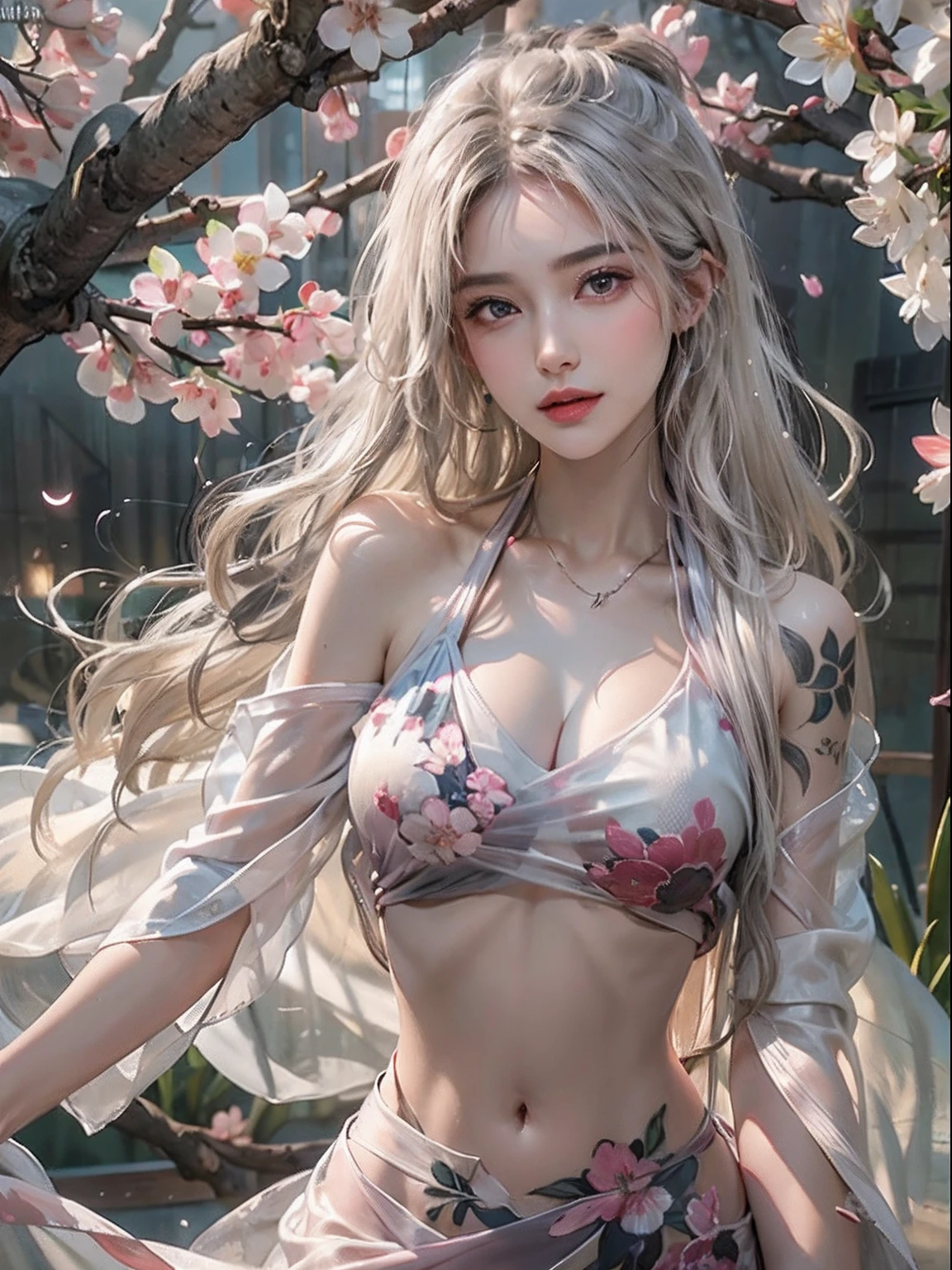Photorealistic, High resolution, Soft light,1womanl, Solo, hips up high, glistning skin, (Detailed face),The tattoo, Jewelry, Dark see-through hanf, cherry blossom, Night, White wavy hair, Beautiful Soldier, An eye that invites the viewer, Lover's perspective, inviting expression, Sexy smile, Perfect Style, Perfect balance, Detailed skin, Naughty gaze, Chest visible、see -through、Sheer feeling、Wet skin、Wet hair、Spread hair、Spread Stall、Wet clothes、sodden、See-through Halter neck、See-through gowns、Navel Ejection、the back is open、See-through halter neck dress、See-through kimono、Dynamic Posing、Fingertips are lips、