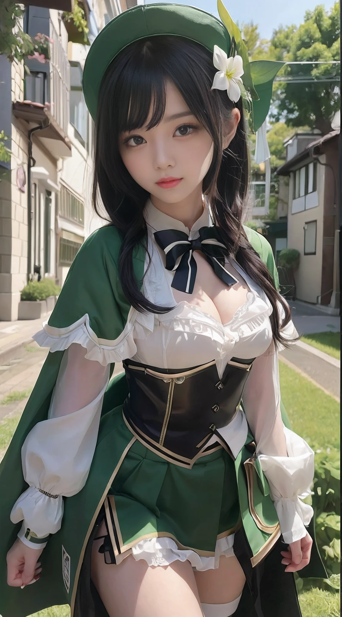 1girl, venti, from genshin inpact, cute hot, happy, green eyes sakura, long black hair, attribute full white and green and black, black tape and green tape, big tits, big thighs, beautiful, realistis, ultra detail,