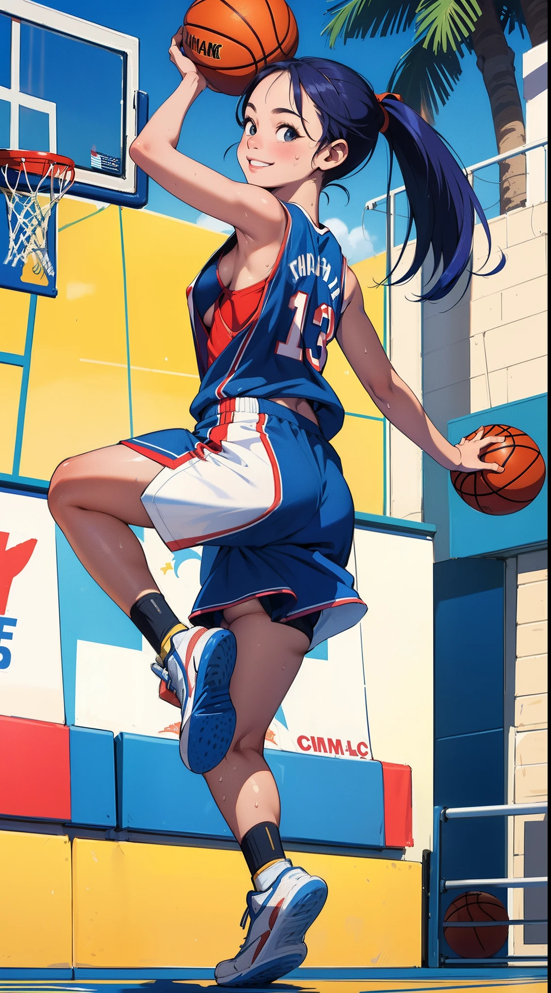 masterpiece,ultra-detailed,ultra quality, illustration, ,simple eyes, beauty face, cute face, colorful hair, 1girl,smile,basketball player,basketball uniform,(sideboob:1.3),(basketball court),sweaty skin,(full body),(jump:1.3),parfect anatomy,from behind,(Uplifting)