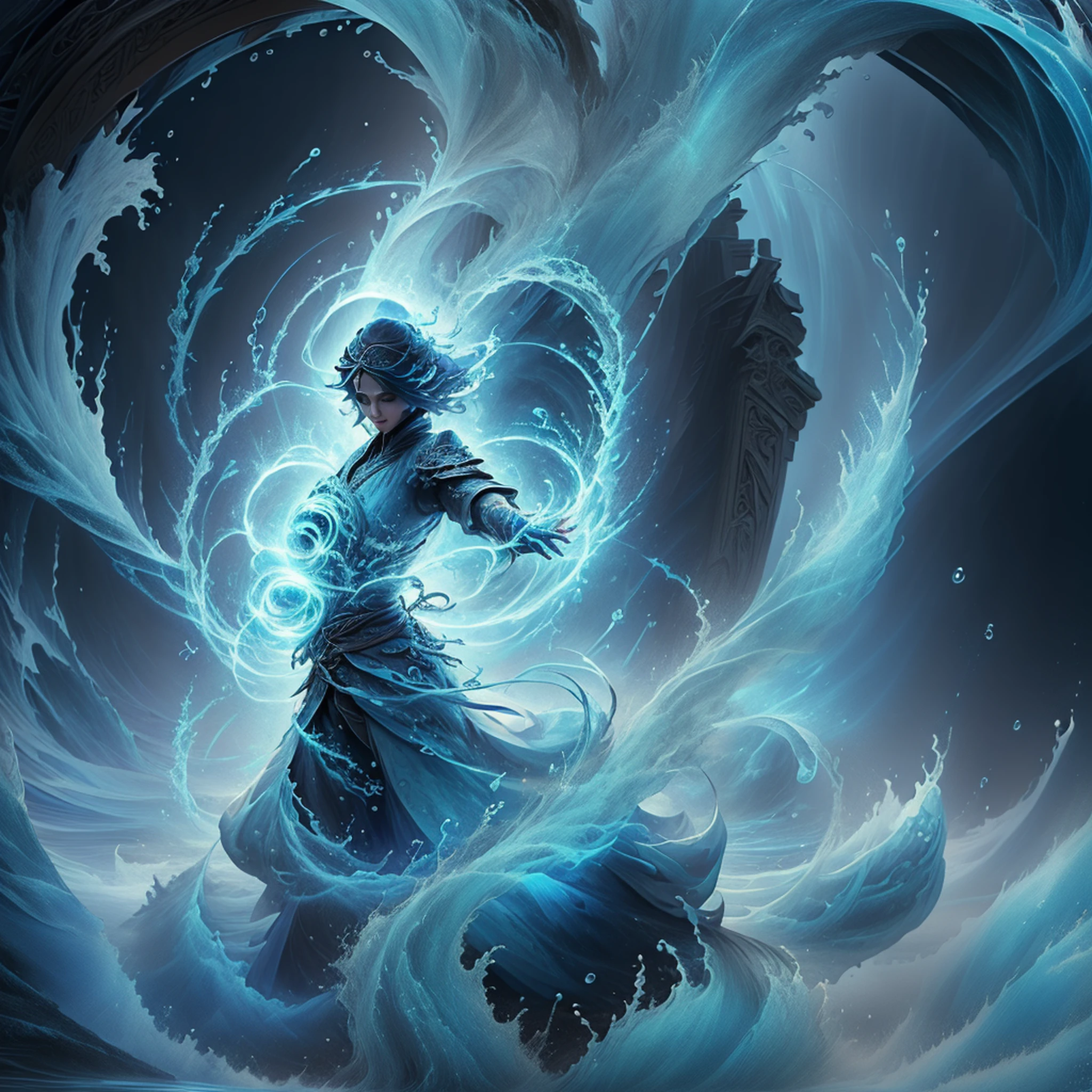 mulher bonita, dynamic pose, Movimento suave, (water, water dress, stream of water, controlling water:1.2), sorriso sutil, corpo inteiro, abdominais finos ,Rosto ultra-detalhado, Olhos detalhados, pele brilhante, Glossy Lips , testa, sobrancelhas grossas, Antecedentes detalhados, tons de azul, ethereal atmosphere, , (Arte Oficial, Unity 8k papel de parede, ultra detalhado, Beautiful and Aesthetic, master part ,melhor qualidade:1.3)