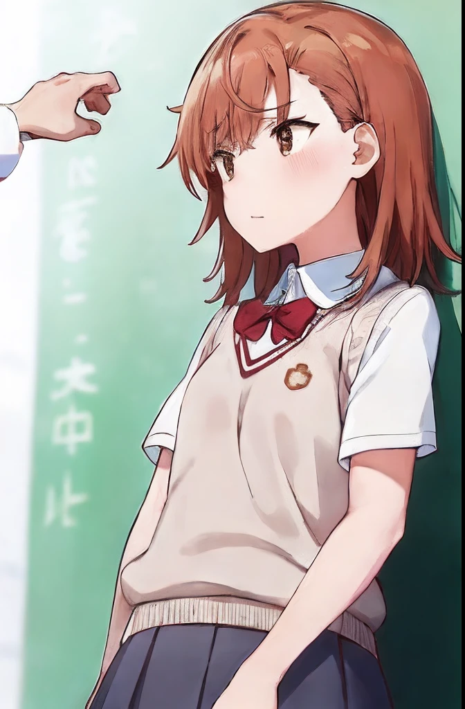 Masterpiece, highres, high Quality, 1girl, clothes lift, lifted by another, skirt lift,, masterpiece, best quality, highly detailed, misaka_mikoto, school_uniform, tokiwadai_school_uniform, BREAK white cute panties, flushed face, embarrassed, looking sideways, looking away,