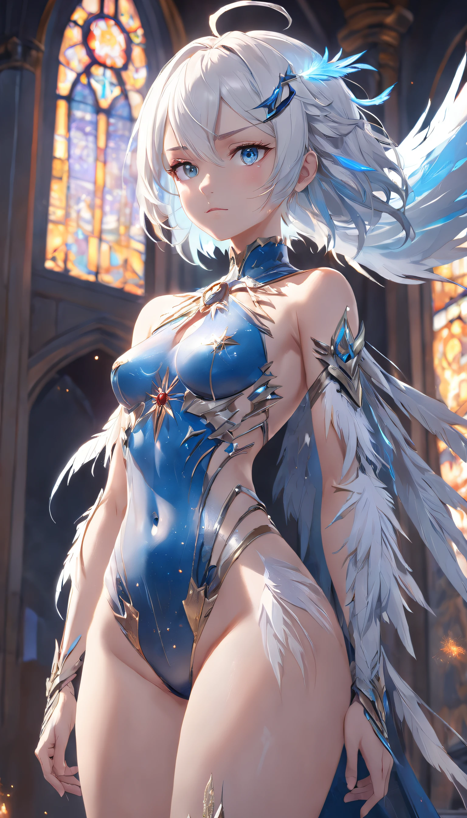 (Full body posing:1.5), (colorful:1.2), Dynamic angle, (extremely detailed CG unity 16k wallpaper:1.1), (Denoising strength: 1.45), (tmasterpiece:1.37), {{masterpiece}}, flat chestbest quality}, {highres}, solo, flat_chest, a girl inside the church with white hair and blue pupil surrounded by {many} glowing {feathers} in cold face, detailed face, night with bright colorful lights whith richly layered clouds and clouded moon in the detailed sky, {a lot of glowing particles}, high ponytail, mecha clothes, robot girl, cool movement, sliver bodysuit, {filigree}, delicate and (intricate) hair, ((sliver)) and (broken) body, blue streaked hair, full body, sitting on a {blue star}, Depth of field, god rays, sparkle, glowing light