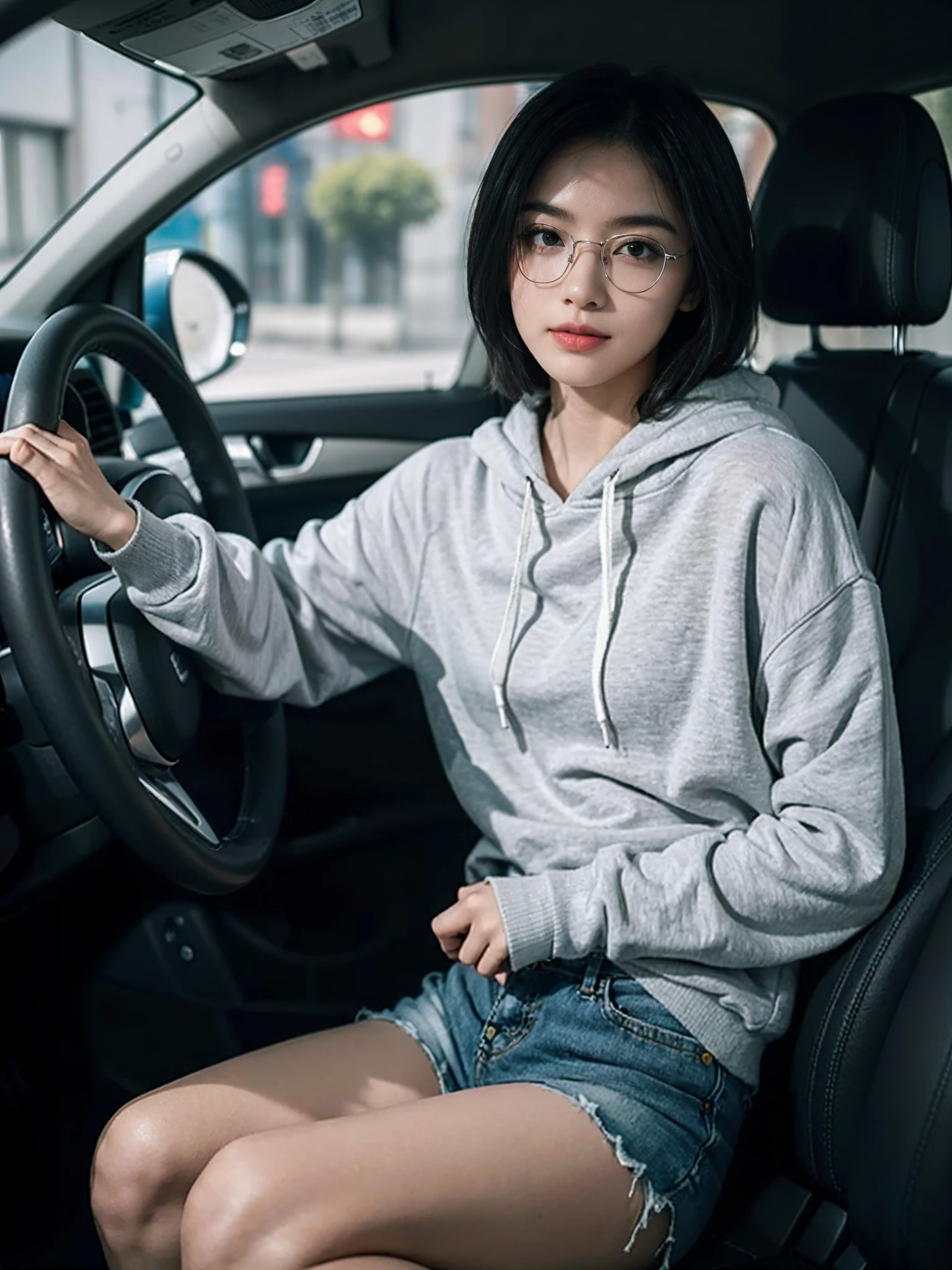 ((smallunderboob,Tomboyish,small heads)), (Well-defined abs: 1.1), (perfect bodies: 1.1), (short-length straighthair: 1.2), Black hair,attractive collarbone，（极其细致的CG 8k壁纸），（Extremely refined and beautiful），（tmasterpiece），（best qualtiy：1.0），（超A high resolution：1.0），upper body photos，[A high resolution]，A beautyful girl，cheerfulness，ssmile，Smooth and flawless fair skin，ultra - detailed ，Elongated legs，flatchest，Slim，emaciated，Female driver，In a private car，Place your hands on the steering wheel，driving car，Wearing glasses，Look ahead，Tulle transparent light gray hooded sweatshirt，Black denim shorts，White sneakers，Close-up