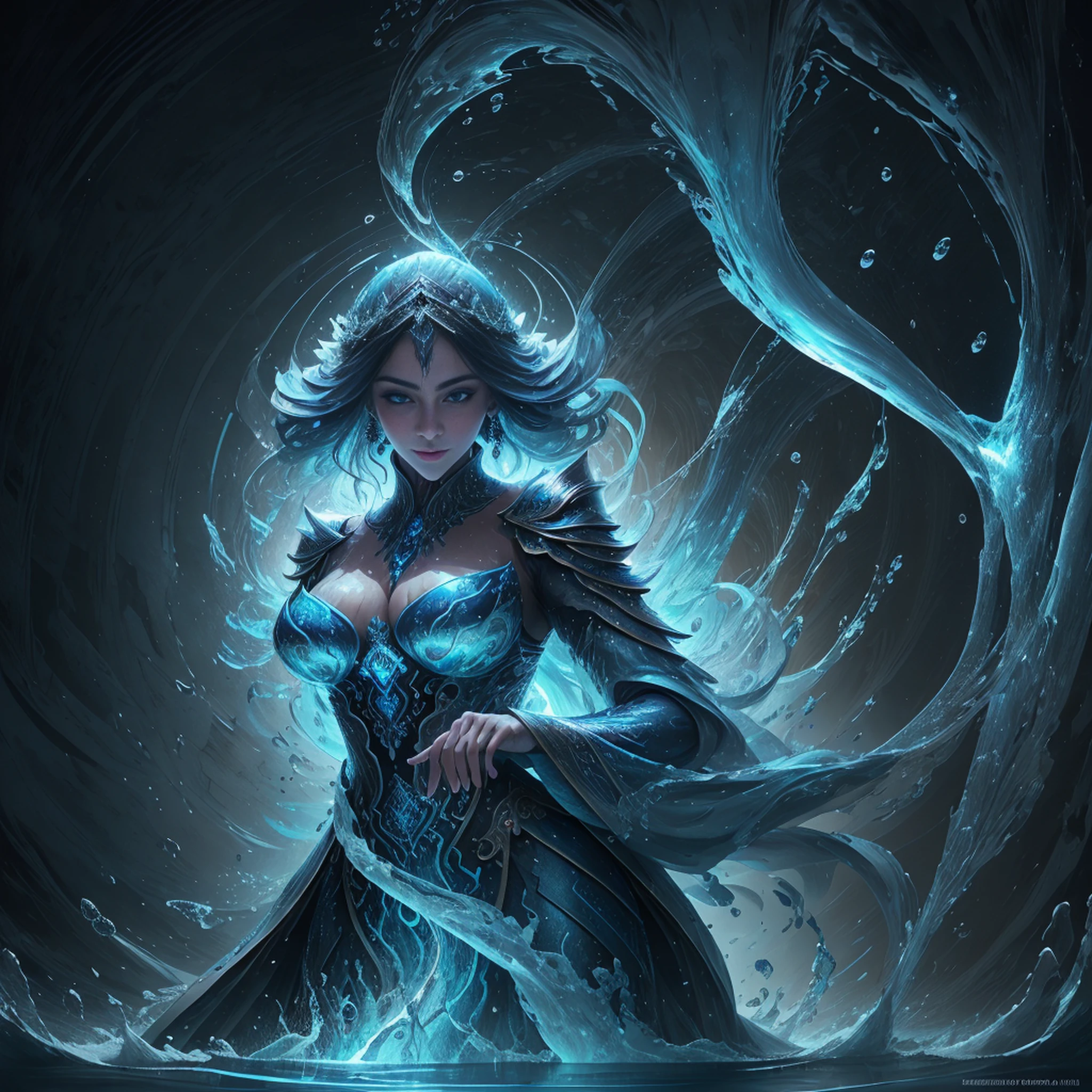 mulher bonita, dynamic pose, Movimento suave, (water, water dress, stream of water, controlling water:1.2), sorriso sutil, corpo inteiro, abdominais finos ,Rosto ultra-detalhado, Olhos detalhados, pele brilhante, Glossy Lips , testa, sobrancelhas grossas, Antecedentes detalhados, tons de azul, ethereal atmosphere, , (Arte Oficial, Unity 8k papel de parede, ultra detalhado, Beautiful and Aesthetic, master part ,melhor qualidade:1.3)