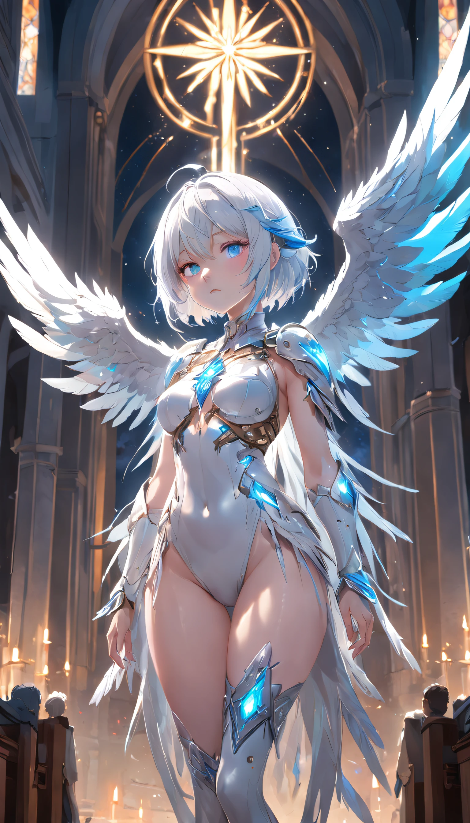 (Full body posing:1.5), (colorful:1.2), Dynamic angle, (extremely detailed CG unity 16k wallpaper:1.1), (Denoising strength: 1.45), (tmasterpiece:1.37), {{masterpiece}}, flat chestbest quality}, {highres}, solo, flat_chest, a girl inside the church with white hair and blue pupil surrounded by {many} glowing {feathers} in cold face, detailed face, night with bright colorful lights whith richly layered clouds and clouded moon in the detailed sky, {a lot of glowing particles}, high ponytail, mecha clothes, robot girl, cool movement, sliver bodysuit, {filigree}, delicate and (intricate) hair, ((sliver)) and (broken) body, blue streaked hair, full body, sitting on a {blue star}, Depth of field, god rays, sparkle, glowing light