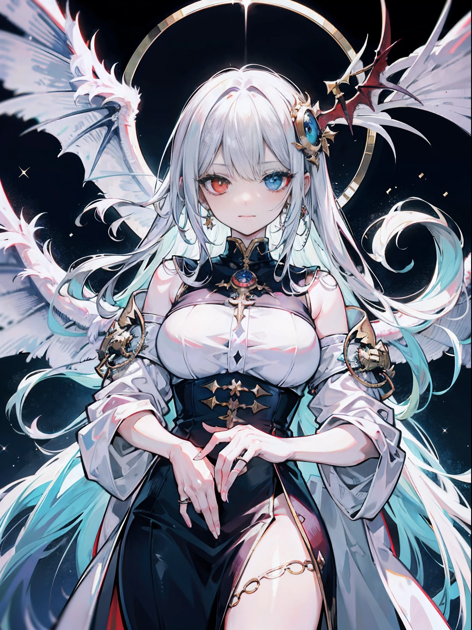 Monster angels that look sacred,His eyes are waiting for heterochromia,His whole body consists of a huge one-eyed eye,and a metal ring around one eye,The ring is crawling with the eyeball,The dragon has many wings on the white holy angel