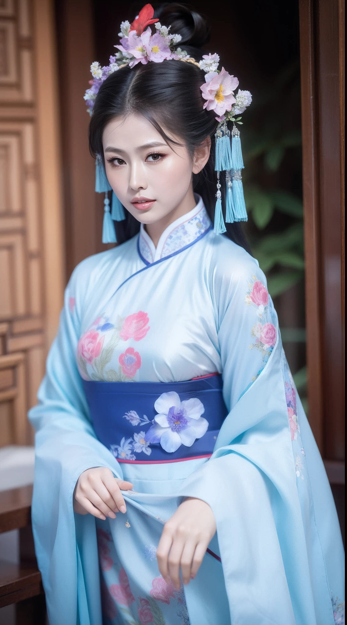 Ancient Chinese clothing，The clothing is floral motifs，ancient china art style，Fashion model 18 years old [[[[closeup cleavage]]]], [[[[boobgasm]]]], [[[[coll]]]], [[[[bshoulders]]]], perfect  eyes, Perfect iris，Perfect lips，perfect teeth，Perfect skin，with fair skin，Soft front light，hdr，Movie girl，long whitr hair，The expression was melancholy，The background is outdoor，Light blue flowers，4K Ultra HD, 超高分辨率, (Photorealistic: 1.4), Best quality，Masterpiece，Utra dilution，（pastel colour：1.2）