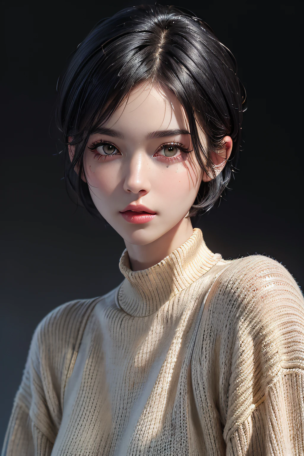 (masterpiece:1.3), (8k, photorealistic, RAW photo, best quality: 1.4), (1girl), beautiful face, (realistic face), (black hair, short hair:1.3), beautiful hairstyle, realistic eyes, beautiful detailed eyes, (realistic skin), beautiful skin, (sweater), absurdres, attractive, ultra high res, ultra realistic, highly detailed, golden ratio