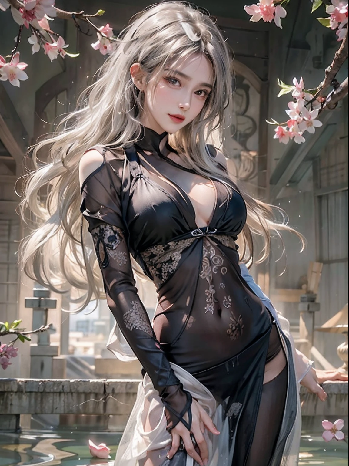 Photorealistic, High resolution, Soft light,1womanl, Solo, hips up high, glistning skin, (Detailed face),The tattoo, Jewelry, Dark see-through hanf, cherry blossom, Night, White wavy hair, Beautiful Soldier, An eye that invites the viewer, Lover's perspective, inviting expression, Sexy smile, Perfect Style, Perfect balance, Detailed skin, Naughty gaze, Chest visible、see -through、Sheer feeling、Wet skin、Wet hair、Spread hair、Spread Stall、Wet clothes、sodden、See-through Halter neck、See-through gowns、Navel Ejection、the back is open、See-through halter neck dress、See-through kimono、Dynamic Posing、Fingertips are lips、