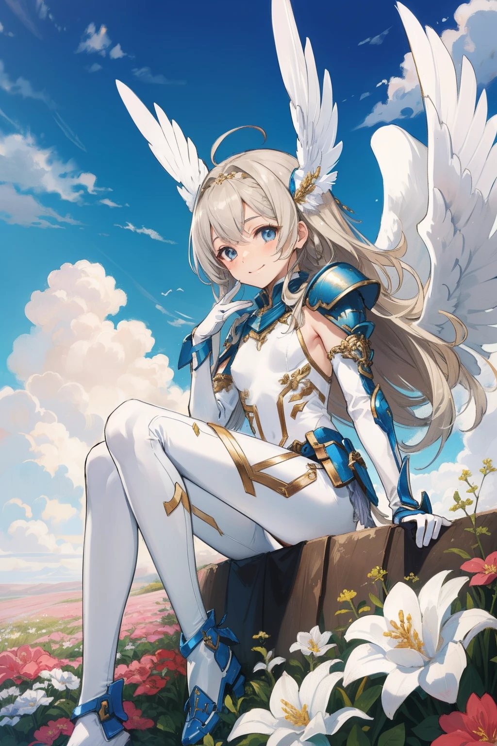 (master piece, Best Quality), Intricate details, valkyrie, (((friendly smile))), Hand up, Looking at Viewer, Feather Headgear, Flower meadow, (((flat breast))) on top of the clouds, sitting
1 girl in, Solo, Portrait, ash Blonde Hair, drooping eyes, Silver Single Thigh, White Independent Single Sleeve, gloves, Single braid,
mecha musume, White bodysuit, Silver Reinforced Suit, Mini Feather Wings, pantyhose, full armor, flower decoration, equip sword,
