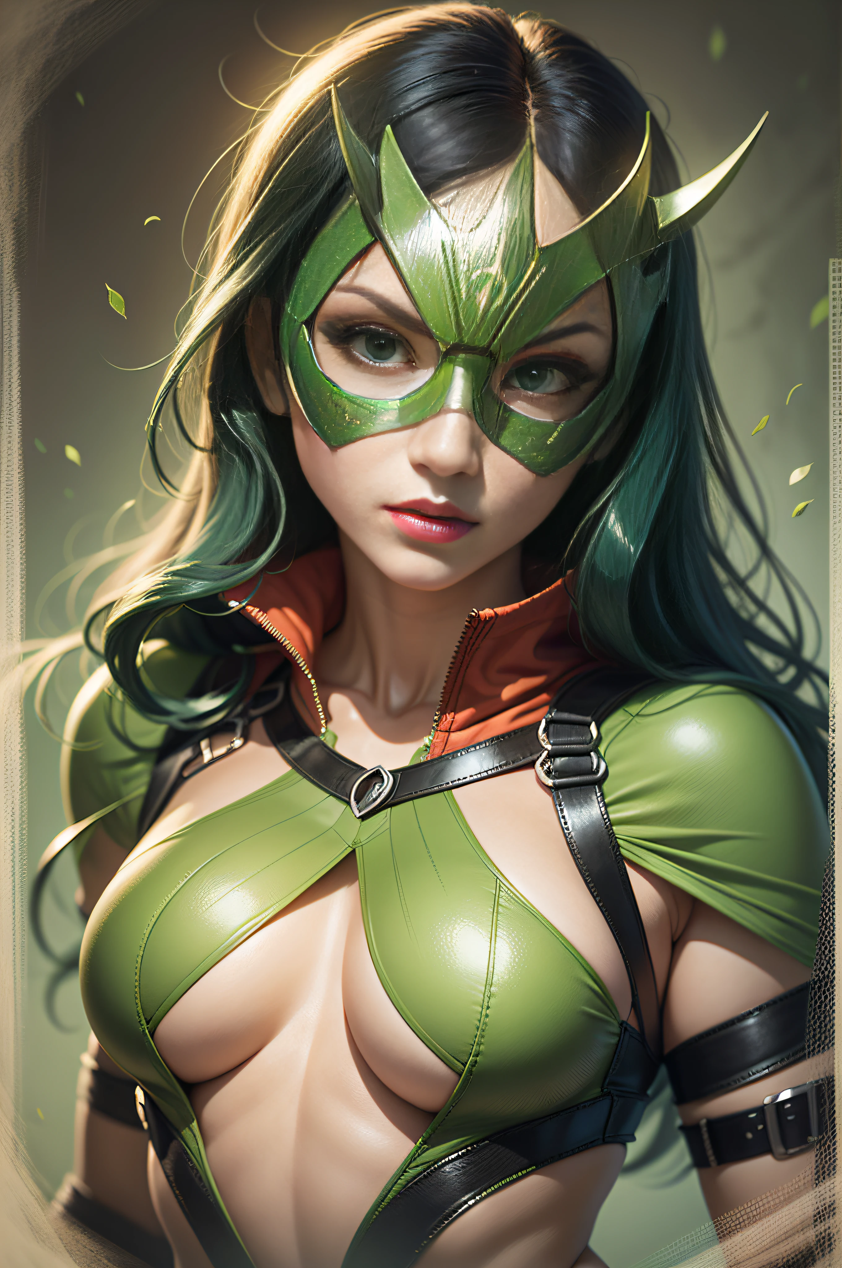 a woman wearing a green superhero mask , com olhos verdes , boca e nariz de fora, Estilo Retrato, cores pasteis estilo revista de quadrinhos