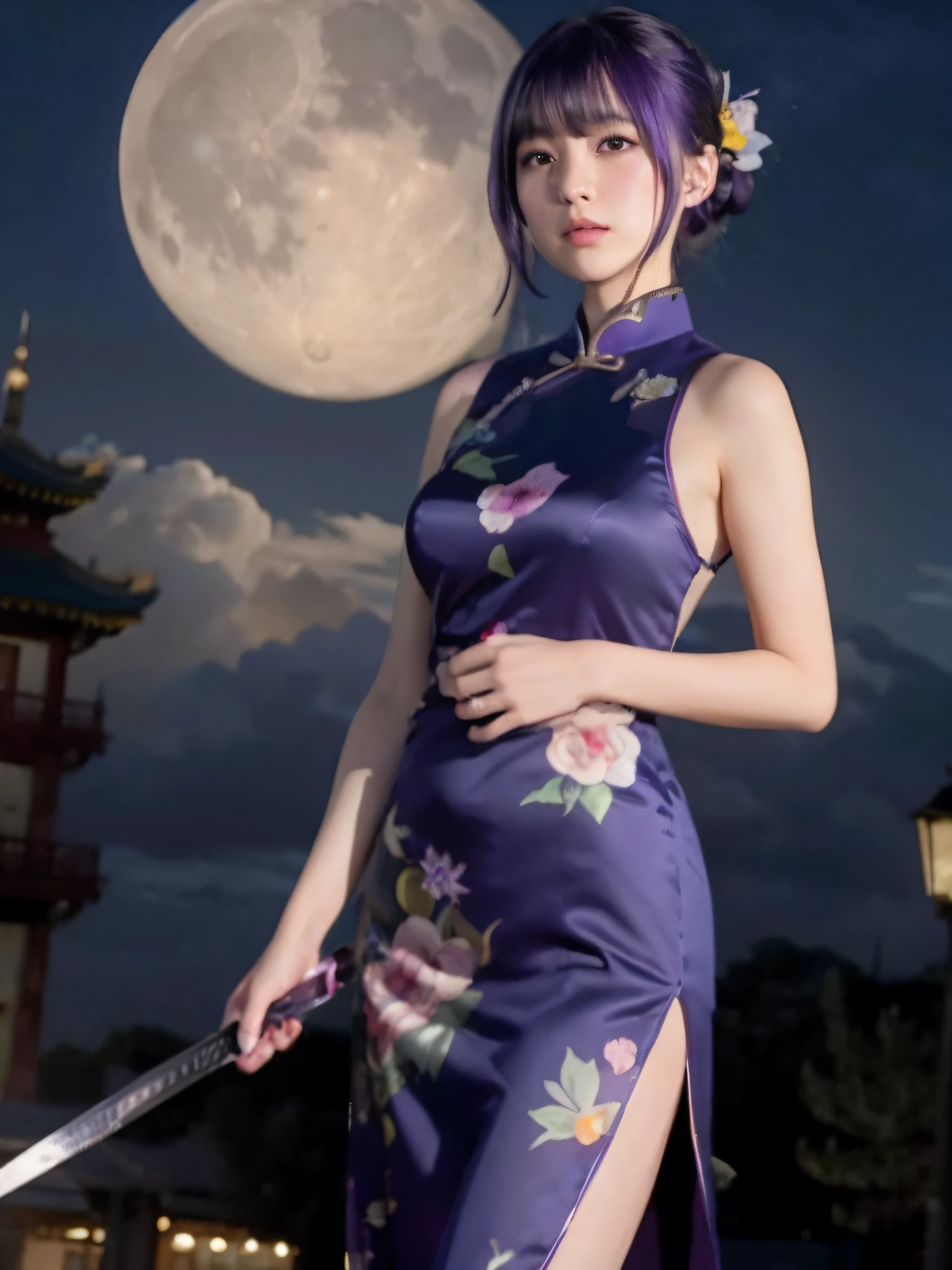 fullllbody、Vivid、16yo girl、Lots of bangs、kawaii、Round young face、(Purple eyes)、(darkblue hair:1.2)、short-hair、long back hair、((Purple Floral Long Cheongsam 1.5))、long slit、slightly fleshy paws、Exposed thighs、(Holding one longsword in one hand:1.1)、(Large clock tower in the background)、(a dark night)、2.5 dimensions、Oriental cities、is standing、(Clouds and Moon:1.1)