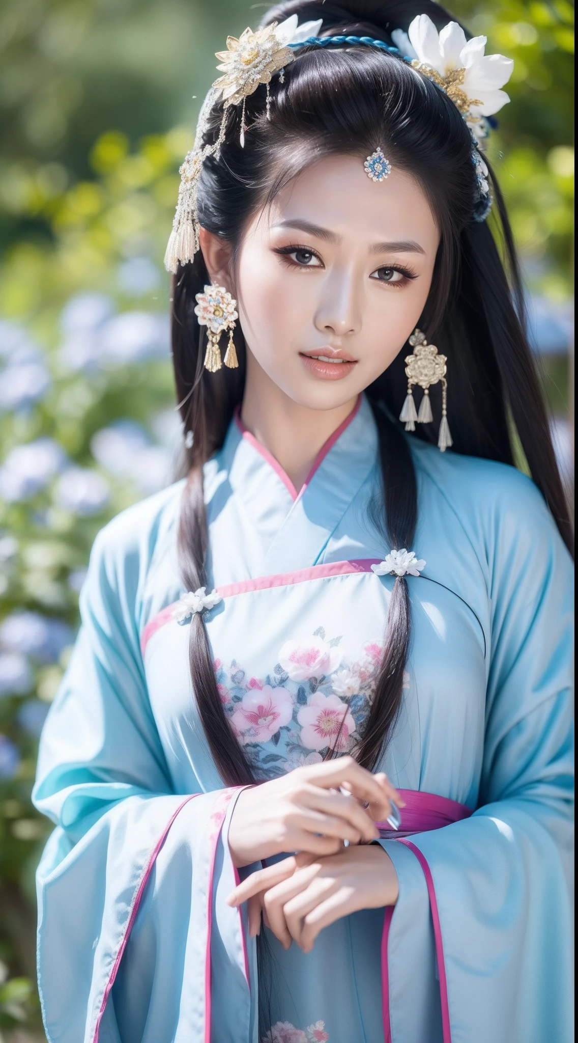 Ancient Chinese clothing，The clothing is floral motifs，ancient china art style，Fashion model 18 years old [[[[closeup cleavage]]]], [[[[boobgasm]]]], [[[[coll]]]], [[[[bshoulders]]]], perfect  eyes, Perfect iris，Perfect lips，perfect teeth，Perfect skin，with fair skin，Soft front light，hdr，Movie girl，long whitr hair，The expression was melancholy，The background is outdoor，Light blue flowers，4K Ultra HD, 超高分辨率, (Photorealistic: 1.4), Best quality，Masterpiece，Utra dilution，（pastel colour：1.2）