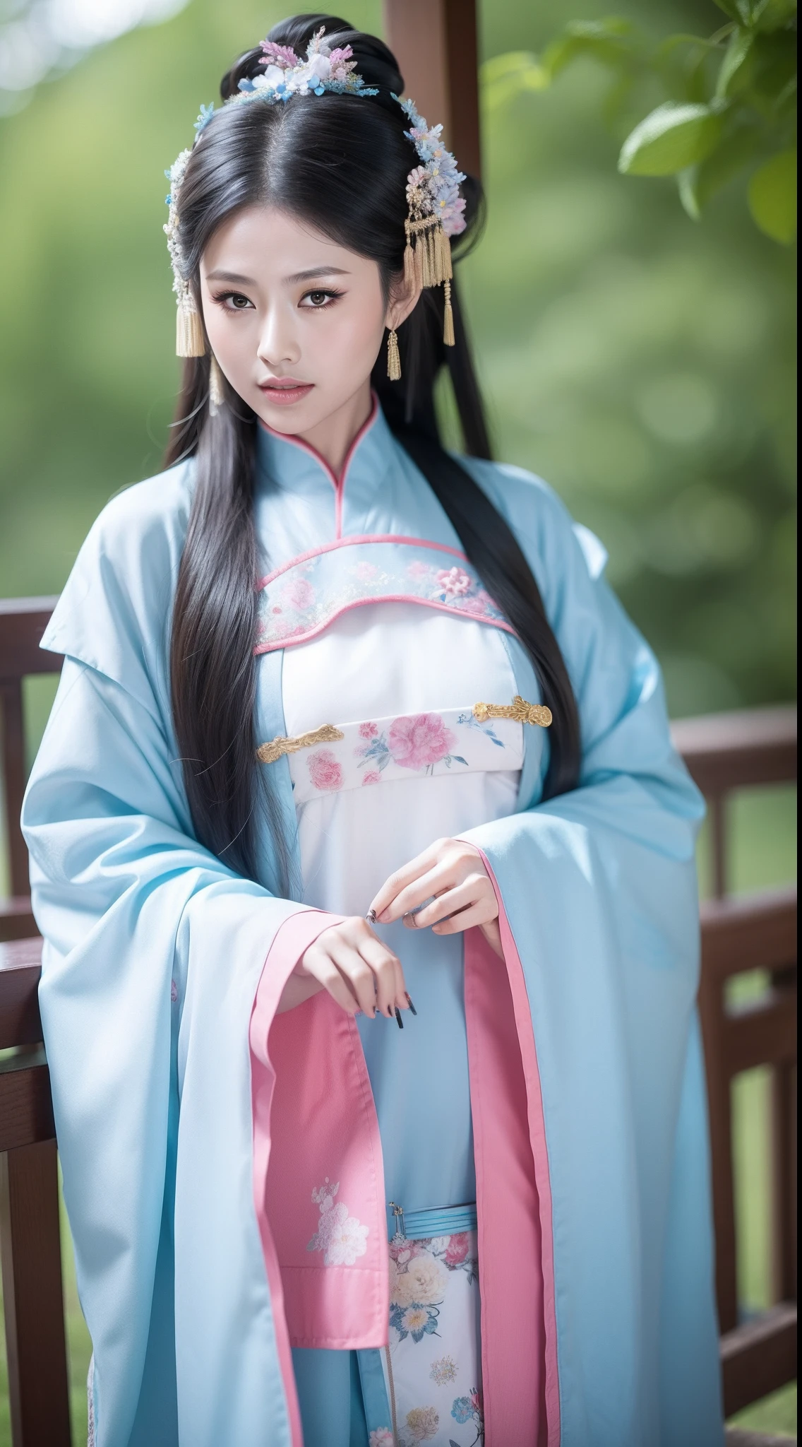 Ancient Chinese clothing，The clothing is floral motifs，ancient china art style，Fashion model 18 years old [[[[closeup cleavage]]]], [[[[boobgasm]]]], [[[[coll]]]], [[[[bshoulders]]]], perfect  eyes, Perfect iris，Perfect lips，perfect teeth，Perfect skin，with fair skin，Soft front light，hdr，Movie girl，long whitr hair，The expression was melancholy，The background is outdoor，Light blue flowers，4K Ultra HD, 超高分辨率, (Photorealistic: 1.4), Best quality，Masterpiece，Utra dilution，（pastel colour：1.2）