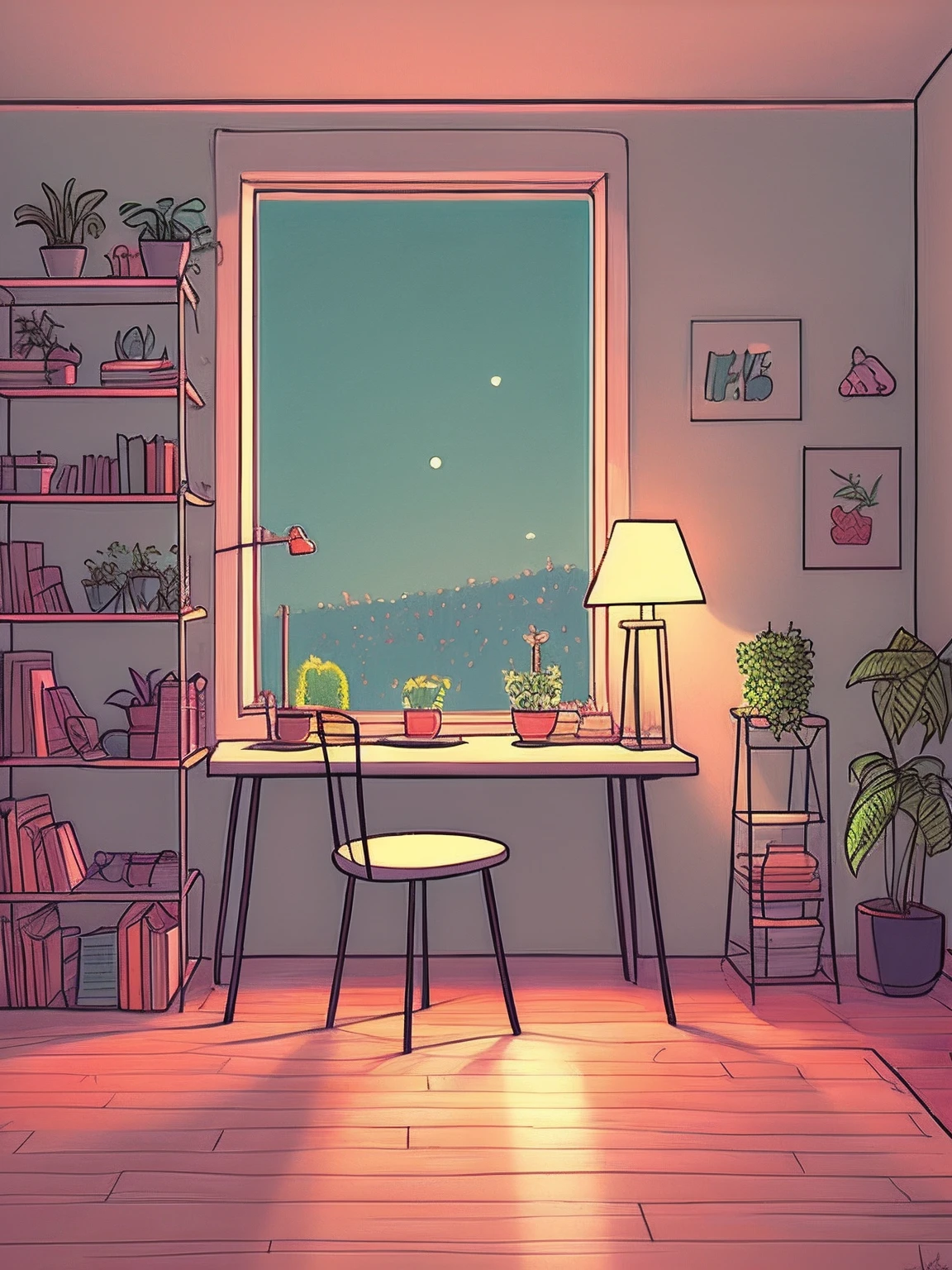 "Cartoon lofi aesthetic wih soft colors and lines, and a cozy atmosphere."