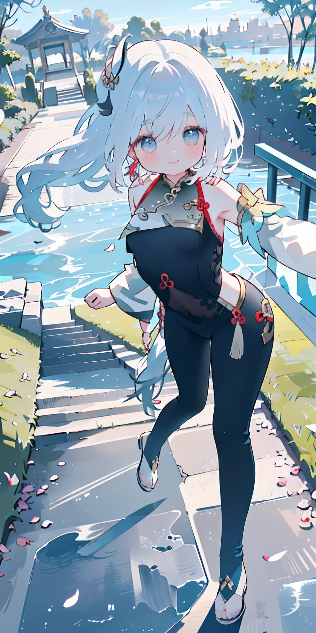 shenhe, full body, Smile, Blush, Outdoors, day, Simple background, Blue sky, Long hair, skyporn, Temple, view the viewer, stairways, mont, Moody lighting, pigtail hair, Smile, Blush, Sexy pose, showing armpit,Lying on the ground