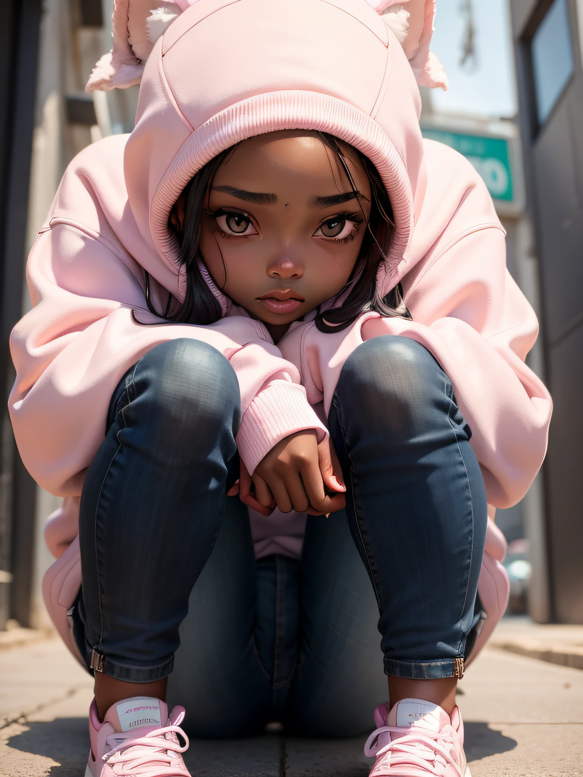 Beautiful black girl crouching down hugging her legs, wearing pink and white sweatshirt with little ears and jeans, Estilo anime, Front view,8k, fundo branco