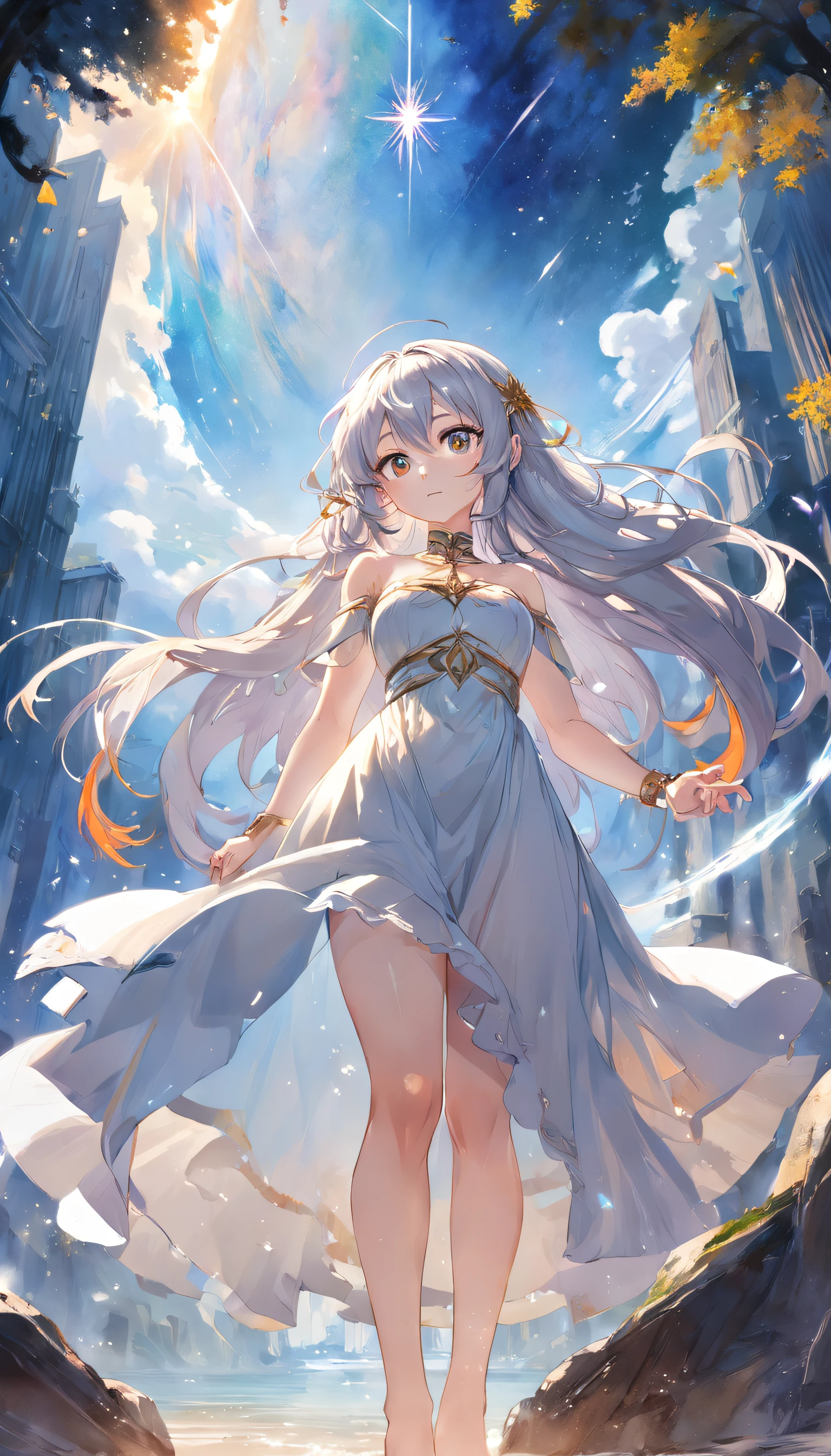(Full body posing:1.5), (colorful:1.2), Dynamic angle, (extremely detailed CG unity 16k wallpaper:1.1), (Denoising strength: 1.45), (tmasterpiece:1.37), ((((ink))), ((watercolor)), world masterpiece theater, (1 girl), anime face, medium_breast, floating, beautiful detailed sky, looking_at_viewers, an detailed organdie dress, very_close_to_viewers, bare_shoulder, golden_bracelet, focus_on_face, messy_long_hair, veil, upper_body, lens_flare, light_leaks, bare shoulders, detailed_beautiful_Snow Forest_with_Trees, spirit, grey_hair, White clothes, ((Snowflakes)), floating sand flow, navel, (beautiful detailed eyes), (8k_wallpaper), depth of field, ((illustration)), god rays, sparkle, glowing light, ((best quality))