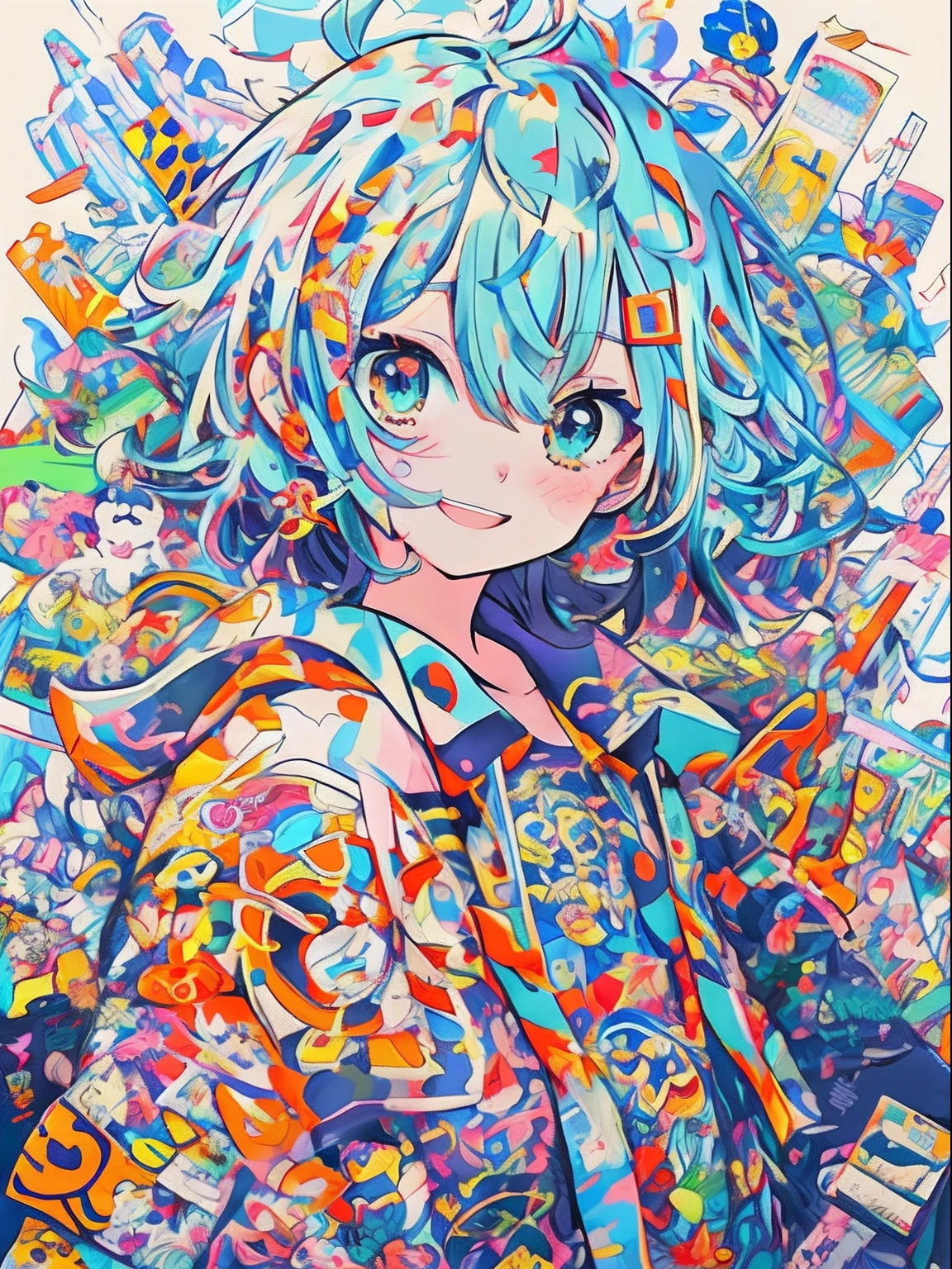 Anime girl with blue hair and colorful jacket surrounded by many objects, Detailed anime artwork, Trending Anime Artwork, anime art wallpaper 4k, anime art wallpaper 4k, beautiful anime artwork, clean detailed anime art, detailed anime art, anime graphic illustration, Detailed Digital Anime Art, Anime art wallpaper 8k, Trending anime art, Anime Illustration, anime style 4 k