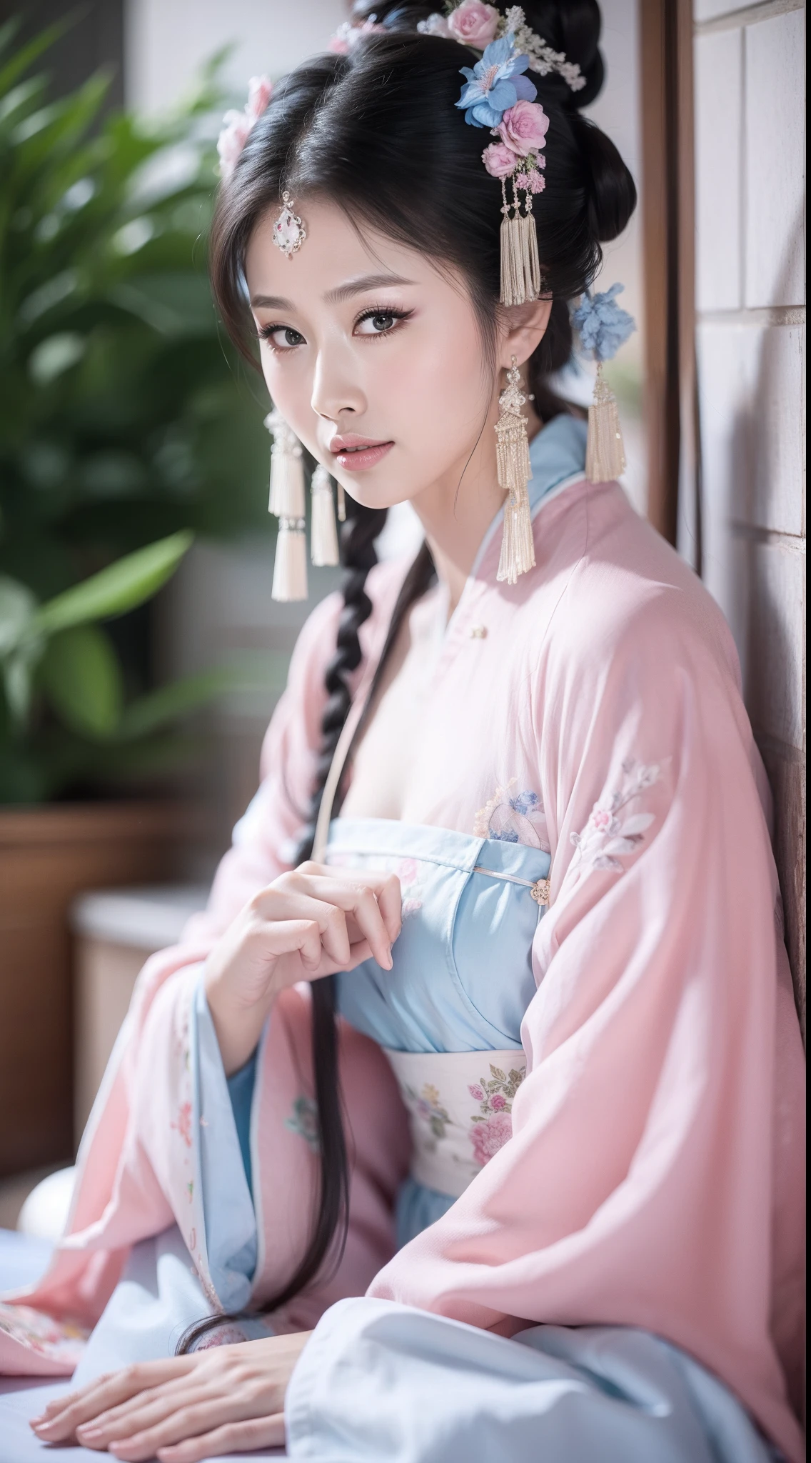 Ancient Chinese clothing，white apparel，The garment is a pink floral pattern，ancient china art style，Fashion model 18 years old [[[[closeup cleavage]]]], [[[[boobgasm]]]], [[[[coll]]]], [[[[bshoulders]]]], perfect  eyes, Perfect iris，Perfect lips，perfect teeth，Perfect skin，with fair skin，Soft front light，hdr，Movie girl，long whitr hair，The expression was melancholy，The background is outdoor，Light blue flowers，4K Ultra HD, 超高分辨率, (Photorealistic: 1.4), Best quality，Masterpiece，Utra dilution，（pastel colour：1.2）