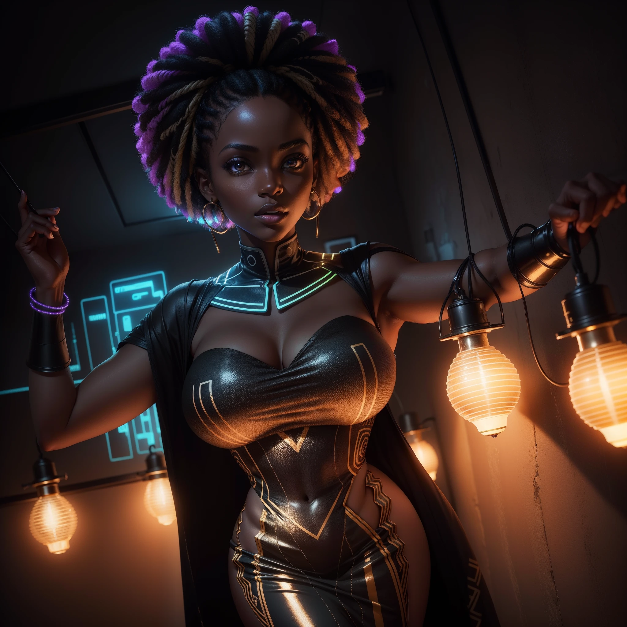 A black woman dressed in african design clothes in a dark room, background is a wall with horizontal neon fluorescent bulbs attached to it, the  bulbs luminating the scene, with iridescent light, highly detailed images, vibrant beautiful colours, photorealistic image, 8k, ultra HD, unreal engine rendered, cinematic lighting, artgerm style,