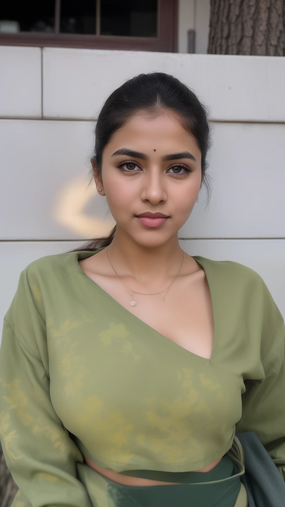 ((RAW, analog style)), face, extremely detailed full body color photo of a 25 y.o girl, beautiful face, beautiful eyes, ((small nose)), big natural lips, ((fabric crop top)), small breasts, slim body, outdoor, trees, ((film grain, skin details, high detailed skin texture, 8k hdr, dslr)), indian female model divya bharti