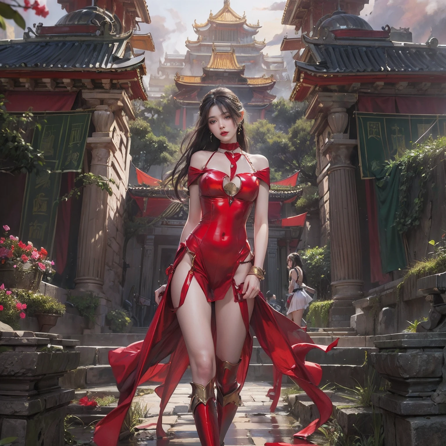 ((master-piece:1.4)、(top-quality:1.4)、(reallistic:1.7))、Beautiful girl strolling through the gardens of an amazing ancient city、Sexy daughter、Super Beautiful Girl、1girl in:1.4、Dress up like a queen.、Luxurious latex、Luxury latex bodysuit、by Luis Royo、19 years old、Super Ultra Bikini、Distinctive style、Slender abs、Beauty legs、Beautiful ass、Fine Eyes、beautidul eyes、RAW photo、red lip、Red high heels、choker、necklace、earring、Fantasy of the ancient city、fantasy worlds