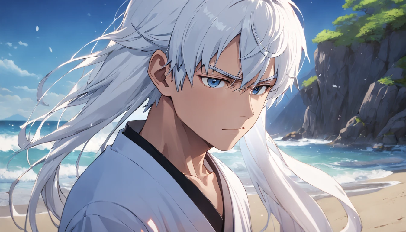 A Wise, Resilient Man with White Hair and Beard on the Beach Tells a Story .Miki Asai Photography, Highly Detailed, Trending on Artstation, Sharp Focus, Studio Shot, Intricate Detail, Highly Detailed, by Greg Rutkowski