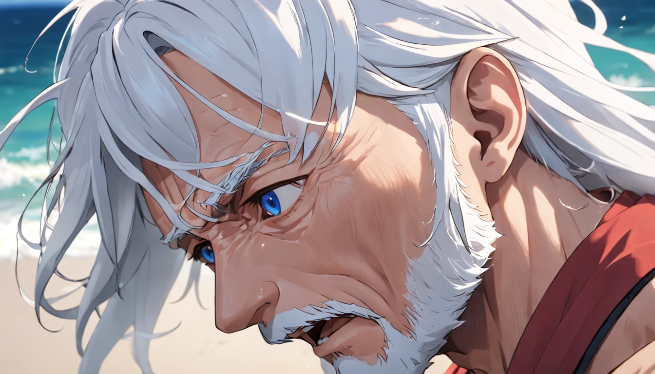 A Wise, Resilient Man with White Hair and Beard on the Beach Tells a Story .Miki Asai Photography, Highly Detailed, Trending on Artstation, Sharp Focus, Studio Shot, Intricate Detail, Highly Detailed, by Greg Rutkowski