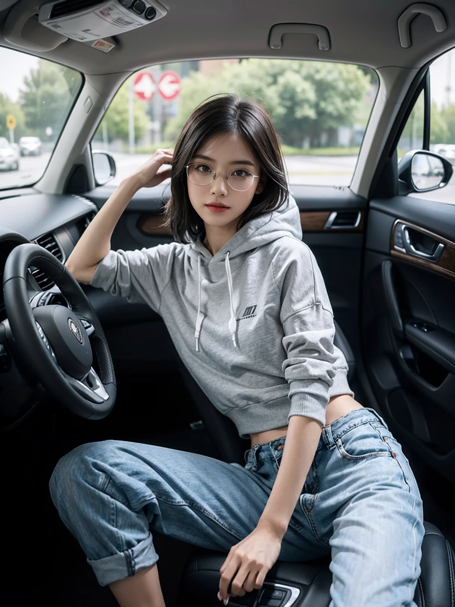 ((smallunderboob,Tomboyish,small heads)), (Well-defined abs: 1.1), (perfect bodies: 1.1), (short-length straighthair: 1.2), Black hair,attractive collarbone，（极其细致的CG 8k壁纸），（Extremely refined and beautiful），（tmasterpiece），（best qualtiy：1.0），（超A high resolution：1.0），upper body photos，[A high resolution]，A beautyful girl，cheerfulness，ssmile，Smooth and flawless fair skin，ultra - detailed ，Elongated legs，flatchest，Slim，emaciated，Female driver，In a private car，Place your hands on the steering wheel，driving car，Wearing glasses，Look ahead，Tulle transparent light gray hooded sweatshirt，Black denim shorts，White sneakers，Close-up
