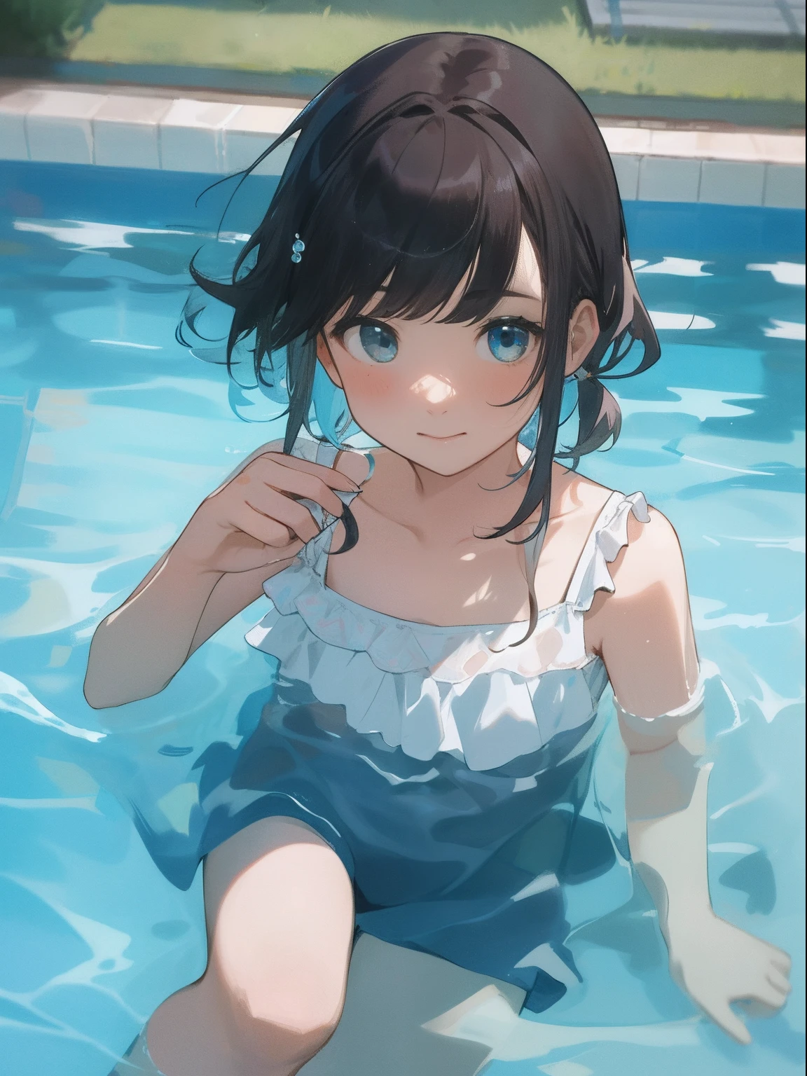 Masterpiece, top quality, ultra high resolution, (photorealistic photo: 1.4), ((1 girl, white fair skin: 1.4, kneeling, from above, looking up at the viewer, face closeup, 19 years old, pretty, cute, black hair, bob_cut, short hair with bangs, large breasts: 1.6)) (bikini swimsuit: 1.3, simple blue and white two-tone swimsuit, blue and white swimsuit, Glossy shiny shiny swimsuit, shiny swimsuit with reflective surfaces, dripping wet body: 1.2) (portrait of a famous actress of Japan), (smile, happy, joyful, cheerful, close mouth), (breasts tucked between arms and breasts), high detailed eyes, ((Really snow-white background, nothing background)))), long neck, (short hair with bangs, bangs)))), eyelashes, big eyes, (((very beautiful, Very beautiful, tremendously beautiful)), (((natural light, ears, sheer, see-through, transparent, huge, crotch spread, big thighs, big ass, highlights in the eyes, swimsuit with a small area)))