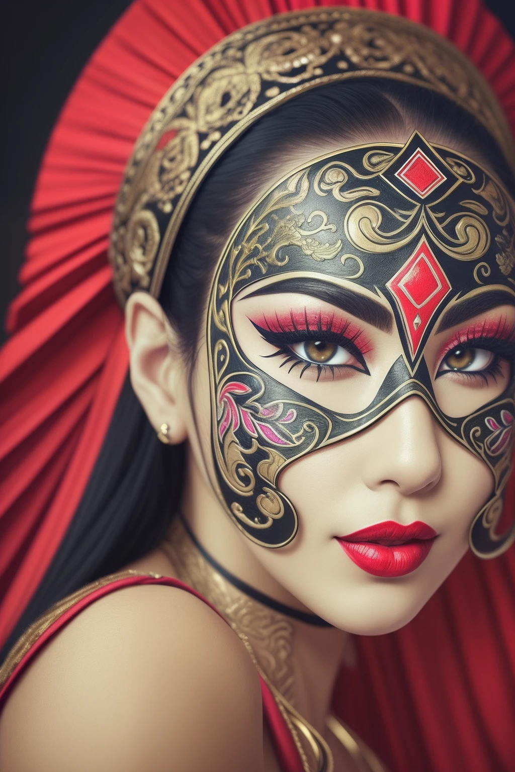 A close-up portrait of a beautiful woman wearing an oriental mask, mascara dourada, fetiche, Black and detailed mask, eye reflection, olhos verdes, Red lipstick, cabelos pretos