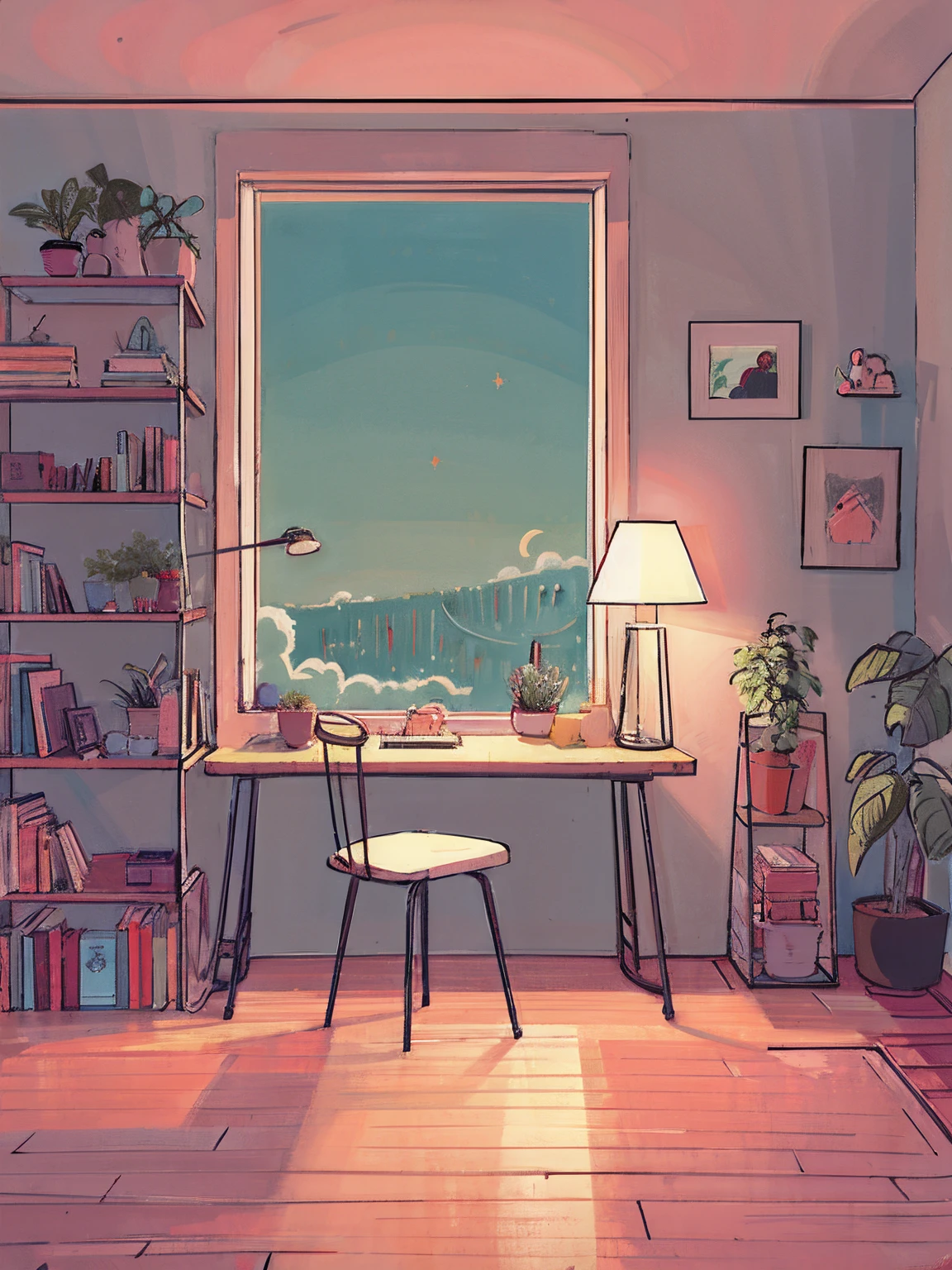 there is a desk with a chair and a lamp in a room, lo-fi illustration style, lofi artstyle, calm night. digital illustration, lofi art, lofi colors, cozy home background, lofi feel, cozy place, bright room, lofi vibes, interior background art, background art, lo-fi art, cartoon moody scene