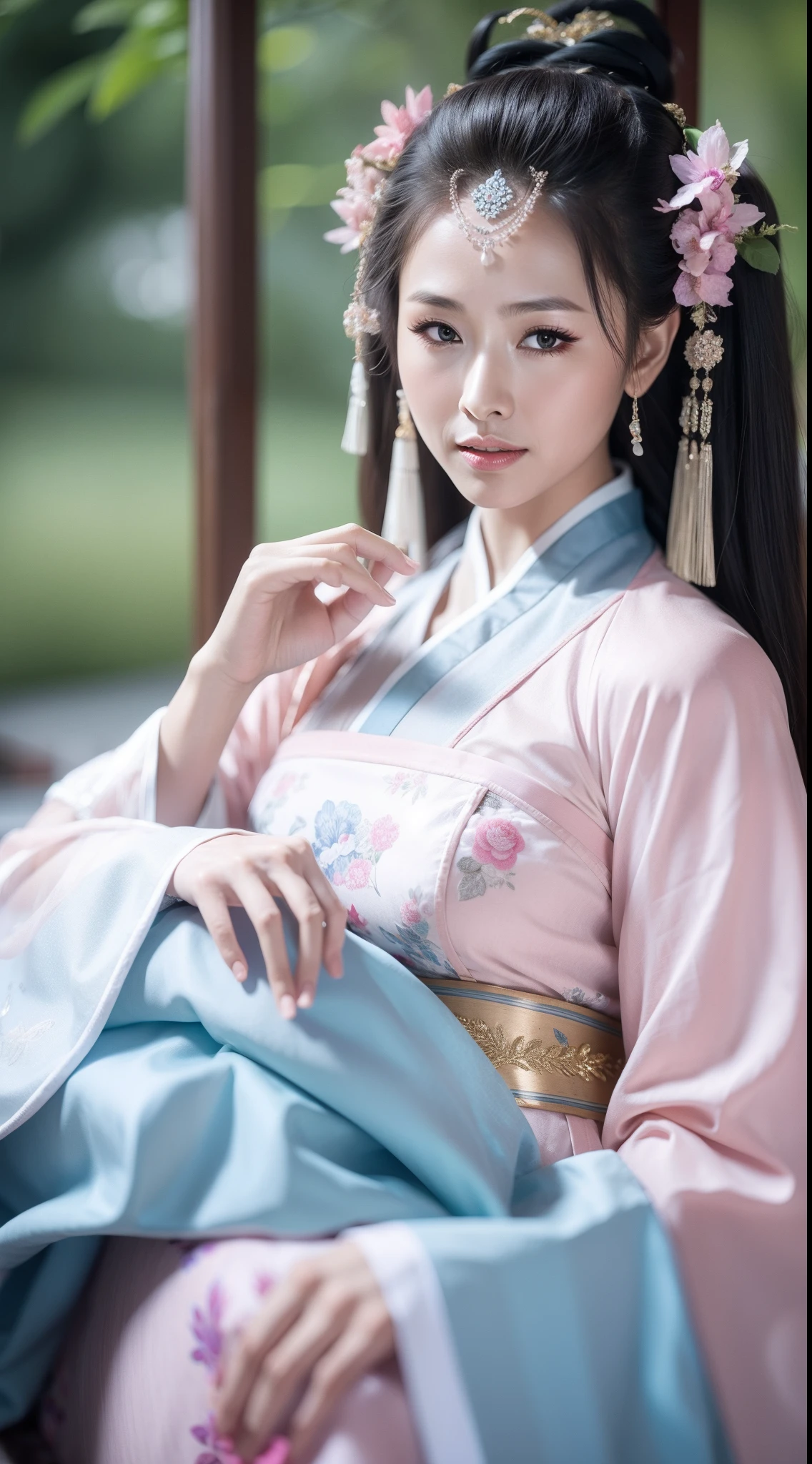 Ancient Chinese clothing，white apparel，The garment is a pink floral pattern，ancient china art style，Fashion model 18 years old [[[[closeup cleavage]]]], [[[[boobgasm]]]], [[[[coll]]]], [[[[bshoulders]]]], perfect  eyes, Perfect iris，Perfect lips，perfect teeth，Perfect skin，with fair skin，Soft front light，hdr，Movie girl，long whitr hair，The expression was melancholy，The background is outdoor，Light blue flowers，4K Ultra HD, 超高分辨率, (Photorealistic: 1.4), Best quality，Masterpiece，Utra dilution，（pastel colour：1.2）