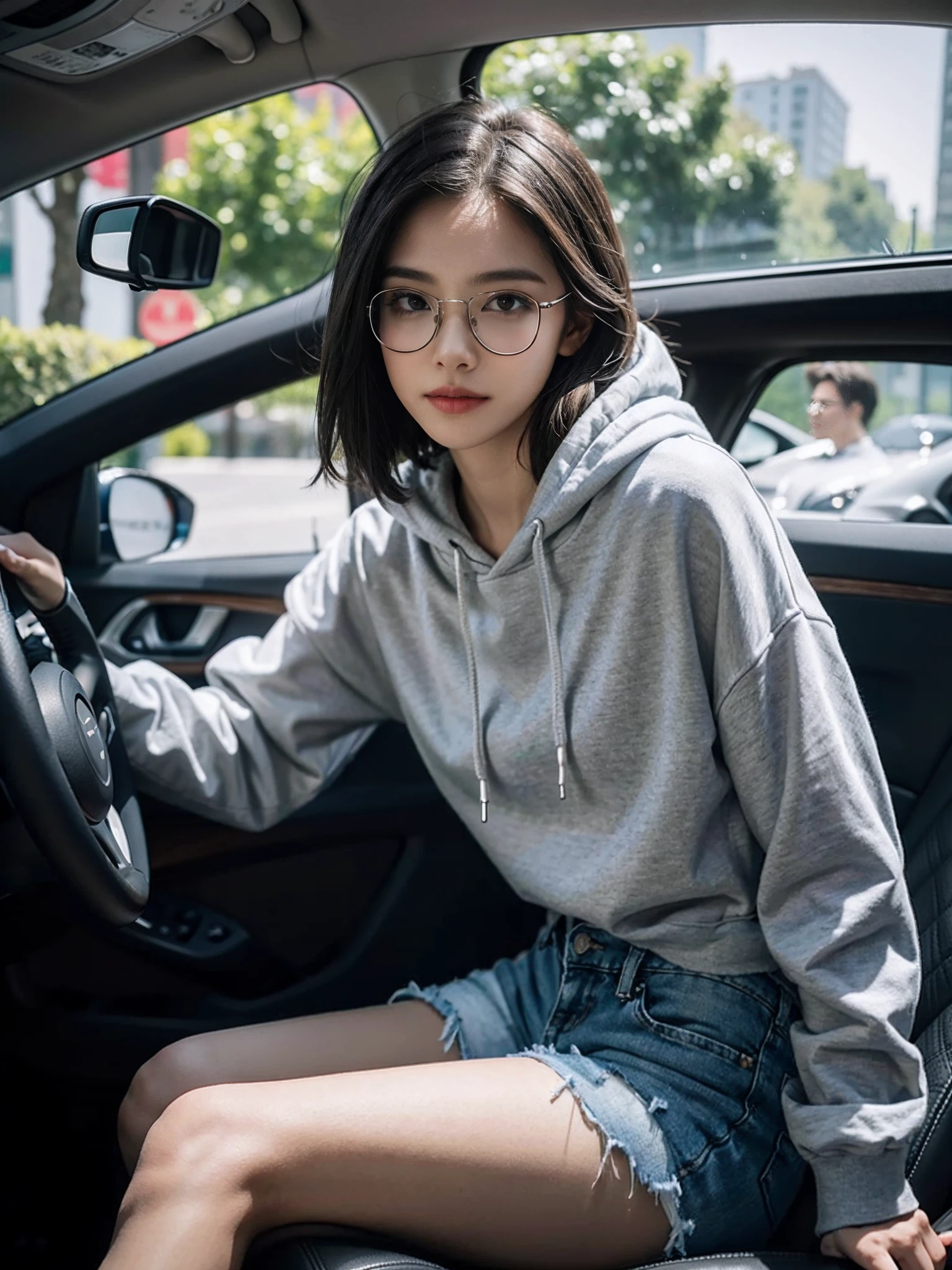 ((smallunderboob,Tomboyish,small heads)), (Well-defined abs: 1.1), (perfect bodies: 1.1), (short-length straighthair: 1.2), Black hair,attractive collarbone，（极其细致的CG 8k壁纸），（Extremely refined and beautiful），（tmasterpiece），（best qualtiy：1.0），（超A high resolution：1.0），upper body photos，[A high resolution]，A beautyful girl，cheerfulness，ssmile，Smooth and flawless fair skin，ultra - detailed ，Elongated legs，flatchest，Slim，emaciated，Female driver，In a private car，Place your hands on the steering wheel，driving car，Wearing glasses，Look ahead，Tulle transparent light gray hooded sweatshirt，Black denim shorts，White sneakers，Close-up