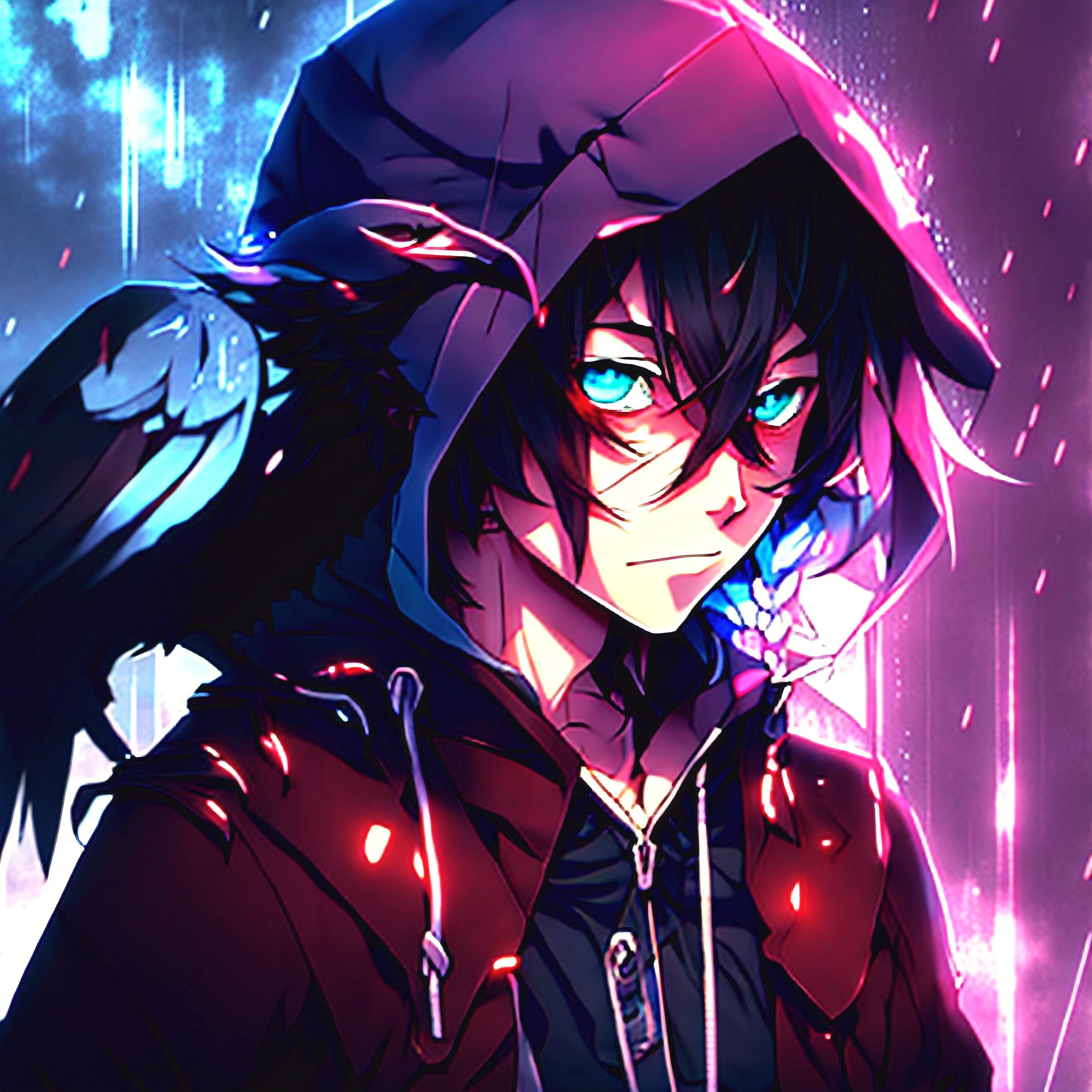 anime, um homem com um corvo no ombro, In the rain, com olhos amarelos brilhantes, Epic anime style, menino anime, estilo anime 4K, por Yang J, Papel de parede anime 4k, um assassino adolescente ousado, com olhos brilhantes, badass anime 8 k, estilo anime masculino, Anime Art Wallpaper 4K, Anime Art Wallpaper 4K