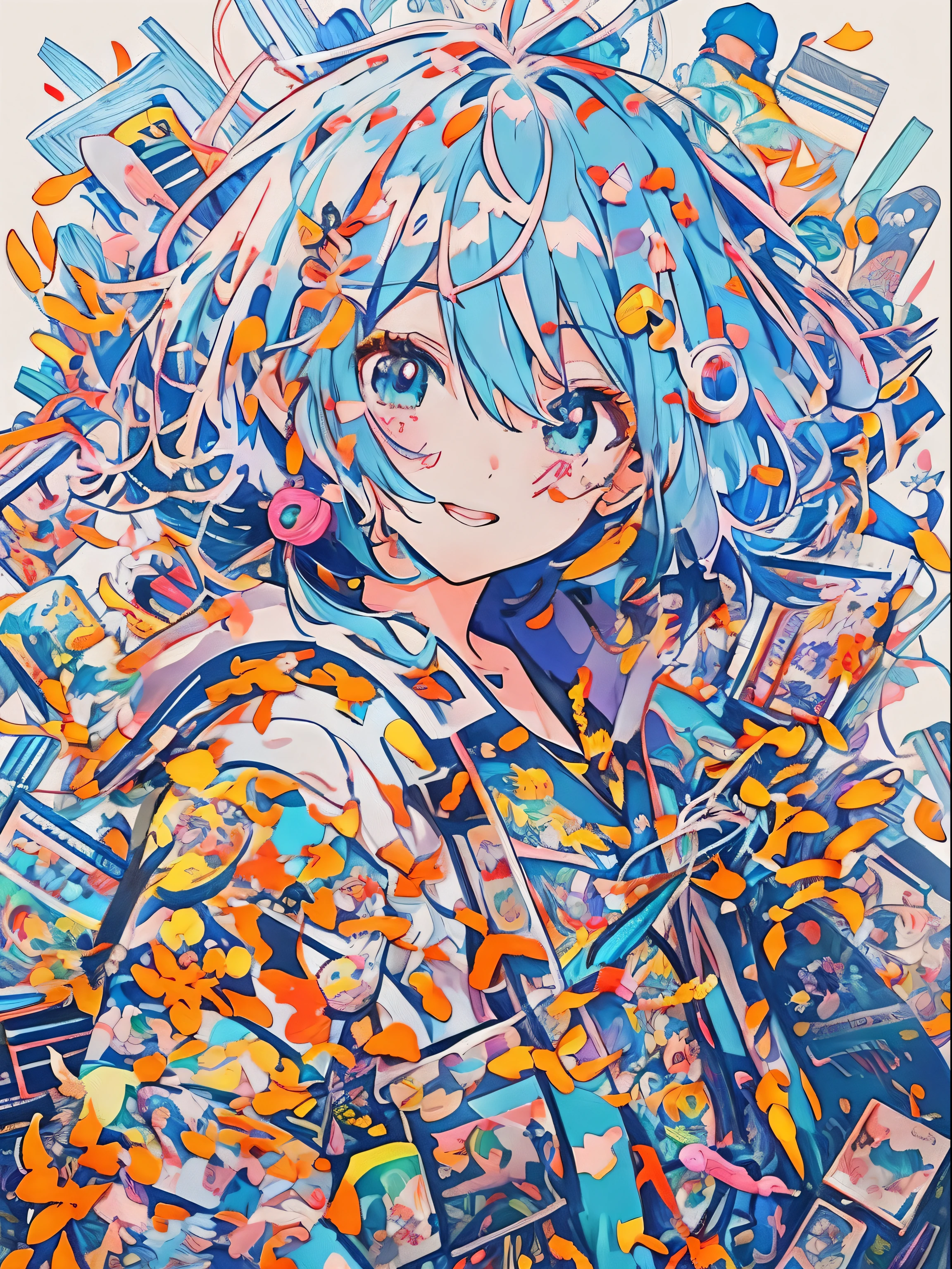 Anime girl with blue hair and colorful jacket surrounded by many objects, Detailed anime artwork, Trending Anime Artwork, anime art wallpaper 4k, anime art wallpaper 4k, beautiful anime artwork, clean detailed anime art, detailed anime art, anime graphic illustration, Detailed Digital Anime Art, Anime art wallpaper 8k, Trending anime art, Anime Illustration, anime style 4 k
