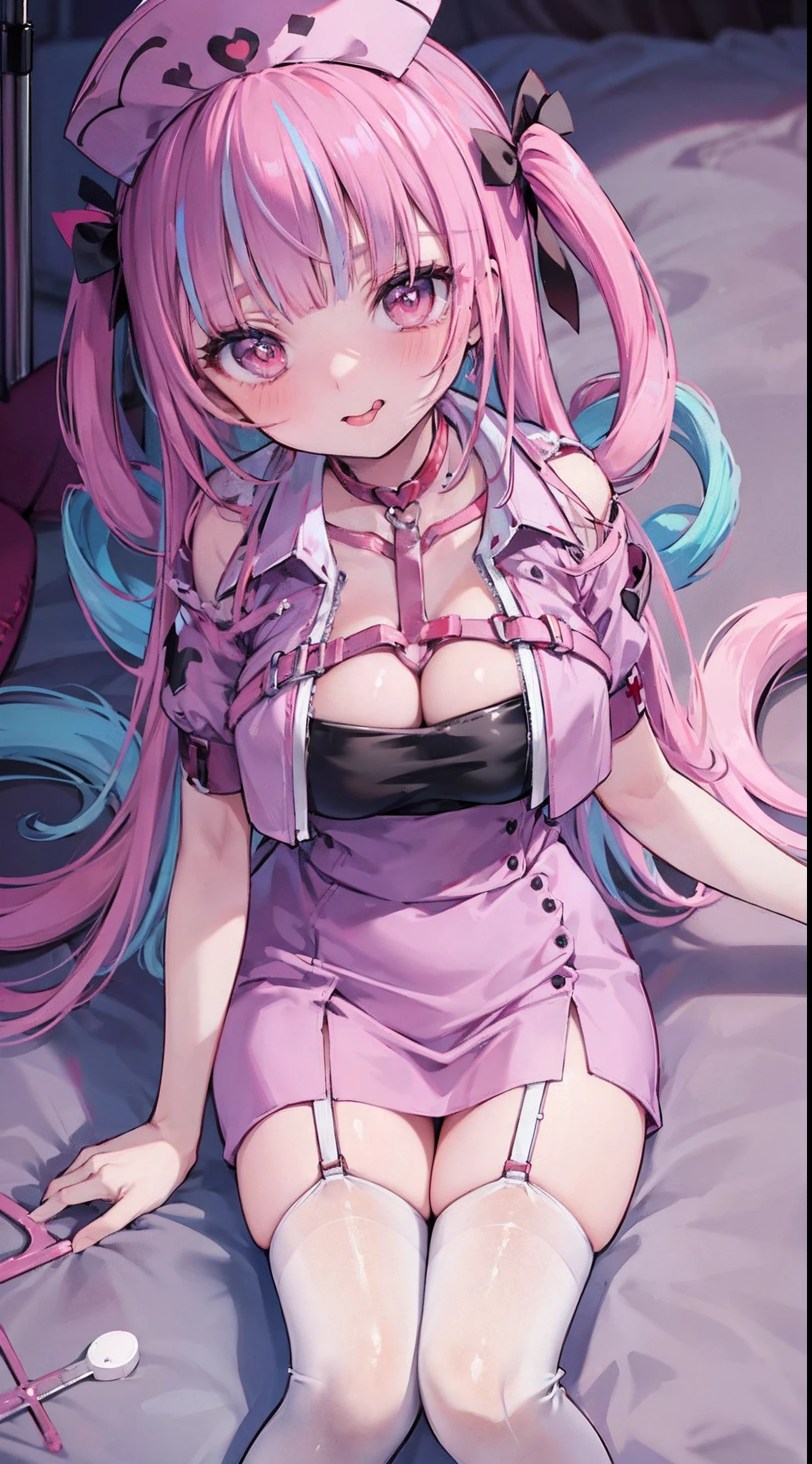 High detail, Heart-shaped pupils,Nurse hat,cleavage,Collar,Love pupils,cropped shoulders,Red Cross,Slender maiden,highly rendered,detailed face with,white stockings,Stick out your tongue,standing on your feet,syringes,