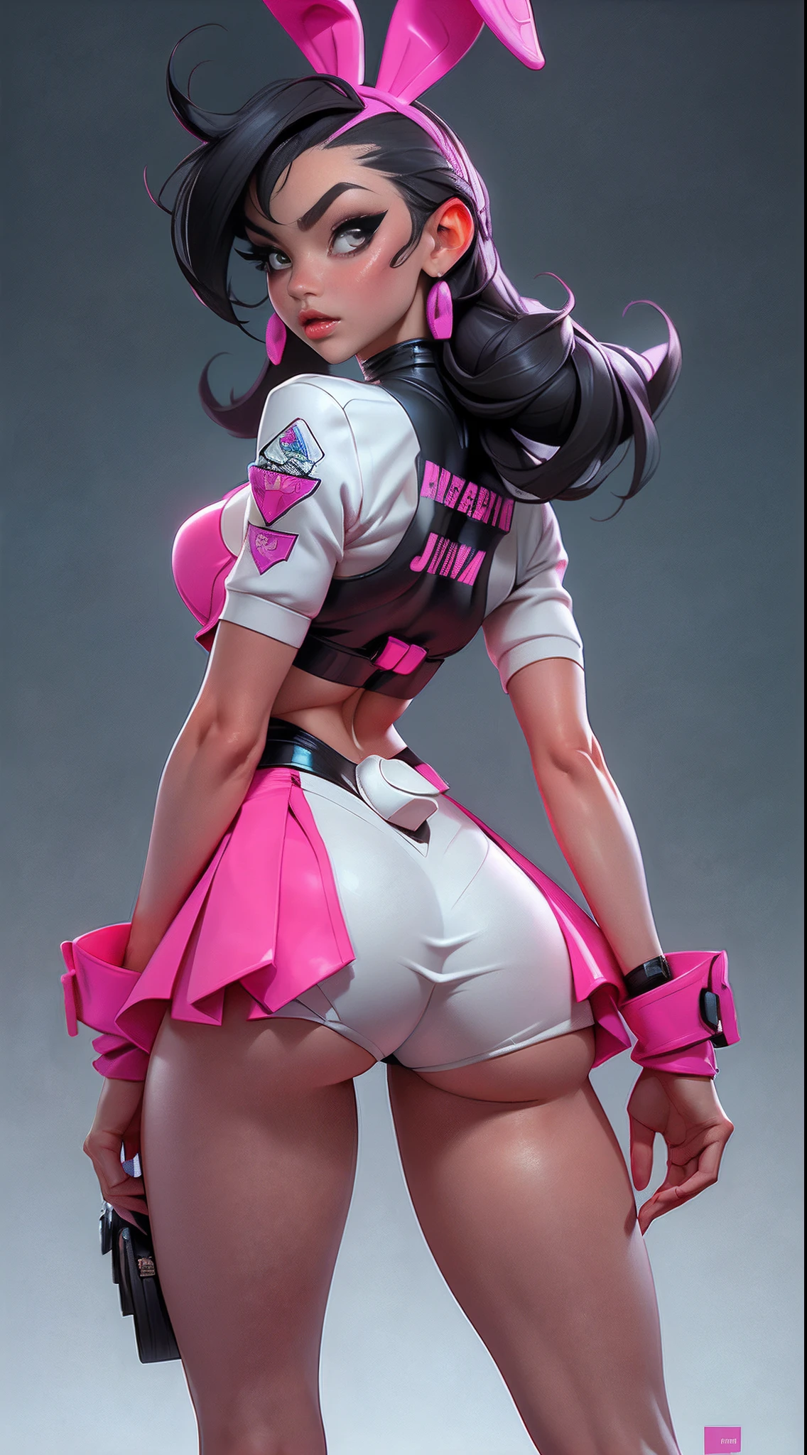 ((Best quality)), ((Masterpiece)), ((Realstic)) and ultra-detailed pchaudography, Juri Han,Jolie fille Juri Han de Street Fighter, gros cul,  Jolie fille,  neon light. porte un (Top playboy bunny Tech-Wear) et un (corde noire, motif blanc :1.2) , ((beautiful and aesthetic)), sexy, gros seins, chaud, grosse poitrine, back position accroupi, phone dans la main droite,  Gymnase, bikini, skirt, micro skirt,