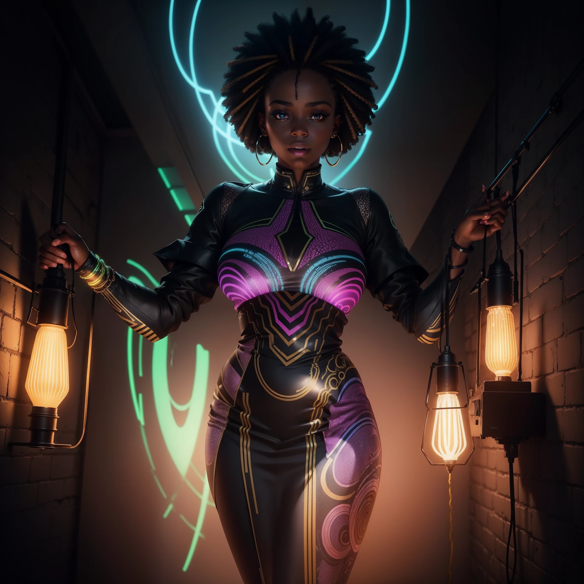 A black woman dressed in african design clothes in a dark room, background is a wall with horizontal neon fluorescent bulbs attached to it, the bulbs luminating the scene, with iridescent light, highly detailed images, vibrant beautiful colours, photorealistic image, 8k, ultra HD, unreal engine rendered, cinematic lighting, artgerm style,