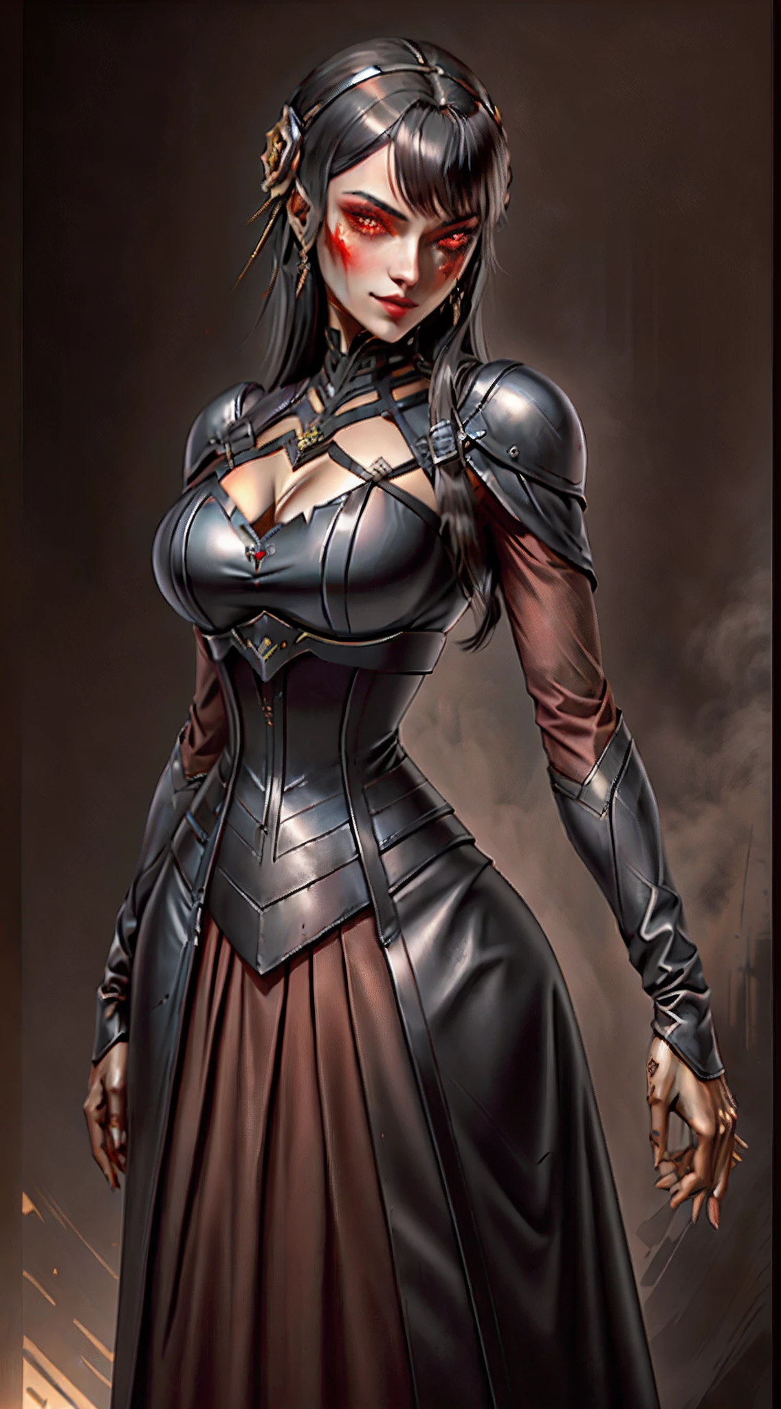 mulher joven e bonita com sorriso zombeteiro vanpira , bruxa estilo anjos da noite , olhos no estilo coba mesclando amarelo e vermelho, well-detailed leather clothing Victorian corset Masterpieces of dominion,melhor qualidade,8k,16k, impressionante detalhado,1 cinta,Strange indifference,Pupilas vermelhas brilhantes,olhos de cor vermelha,olhos arregalados,olhos vazios,aterrador,traje esfarrapado,apenas 1.5,ATMOSFERA GLOOMY,fundo escuro profundo,rosto manchado de sangue,