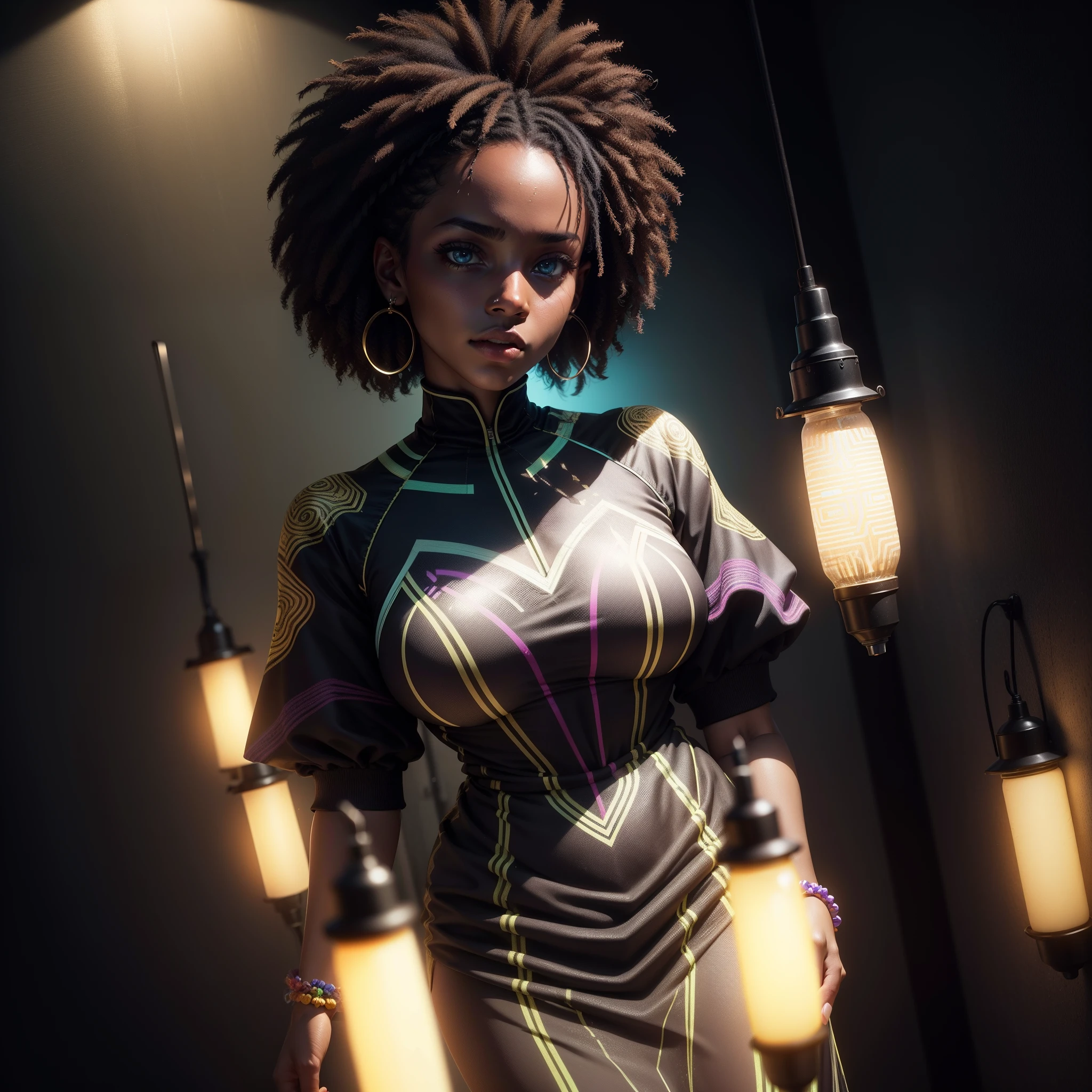 A black woman dressed in african design clothes in a dark room, background is a wall with horizontal neon fluorescent bulbs attached to it, the  bulbs luminating the scene, with iridescent light, highly detailed images, vibrant beautiful colours, photorealistic image, 8k, ultra HD, unreal engine rendered, cinematic lighting, artgerm style,