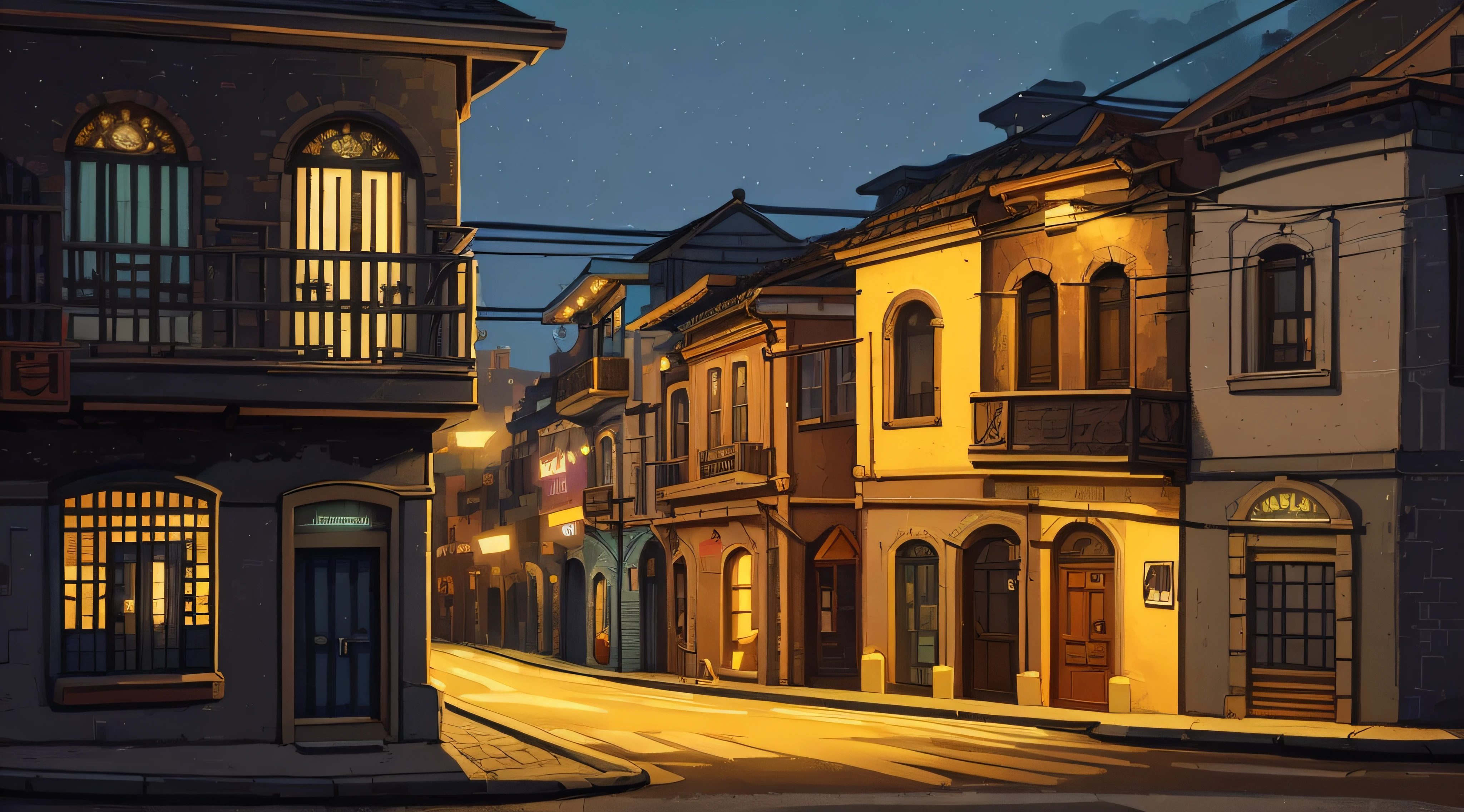 illustration of a street scene with a car passing by a building, town background, stylized digital illustration, renaissance port city background, background artwork, street background, style of gta v artworks, stylized urban fantasy artwork, background art, calm night. digital illustration, random background scene, nightime village background, street city night, glowing lights! digital painting