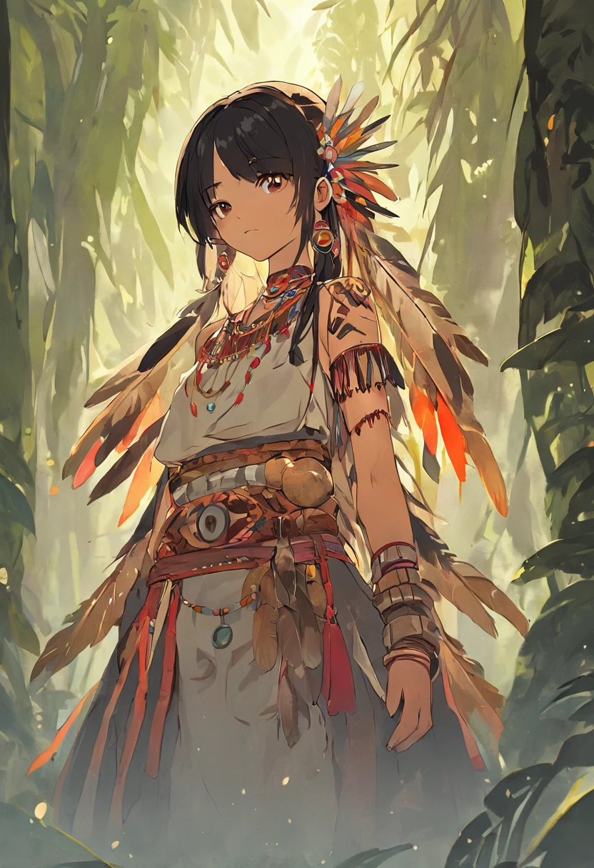 a native Brazilian indigenous She is standing, in a rainforest setting, She also wears necklaces and bracelets made of seeds and shells, that symbolize the connection with nature. Her dark hair is adorned with multicolored feathers, exibindo sua cultura e individualidade. His face is marked by tribal paintings, que representam a ancestralidade e a identidade de sua tribo.