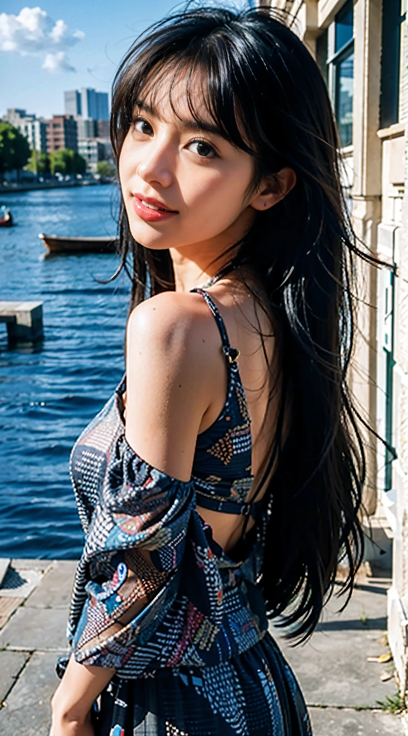 Best quality, masterpiece, ultra high res, raw photo, beautiful and aesthetic,deep shadow, dark theme,(photorealistic:1.4),
(1girl, long hair, laughing, (wind blowing hair, black hair with bangs), print shirt, small face, off shoulders), slim body, fit, cowboyshot, fashi-girl,
Graceful poise, evocative atmosphere, magnetic presence, refined seduction, captivating mystique,
Intricate zentangle patterns, a single female figure, astonishing level of detail, generously endowed, portrait composition, striking perspective, a chaotic masterpiece, gracefully poised, inspired by brutalist architecture, vibrant color palette, undertones, outdoors,