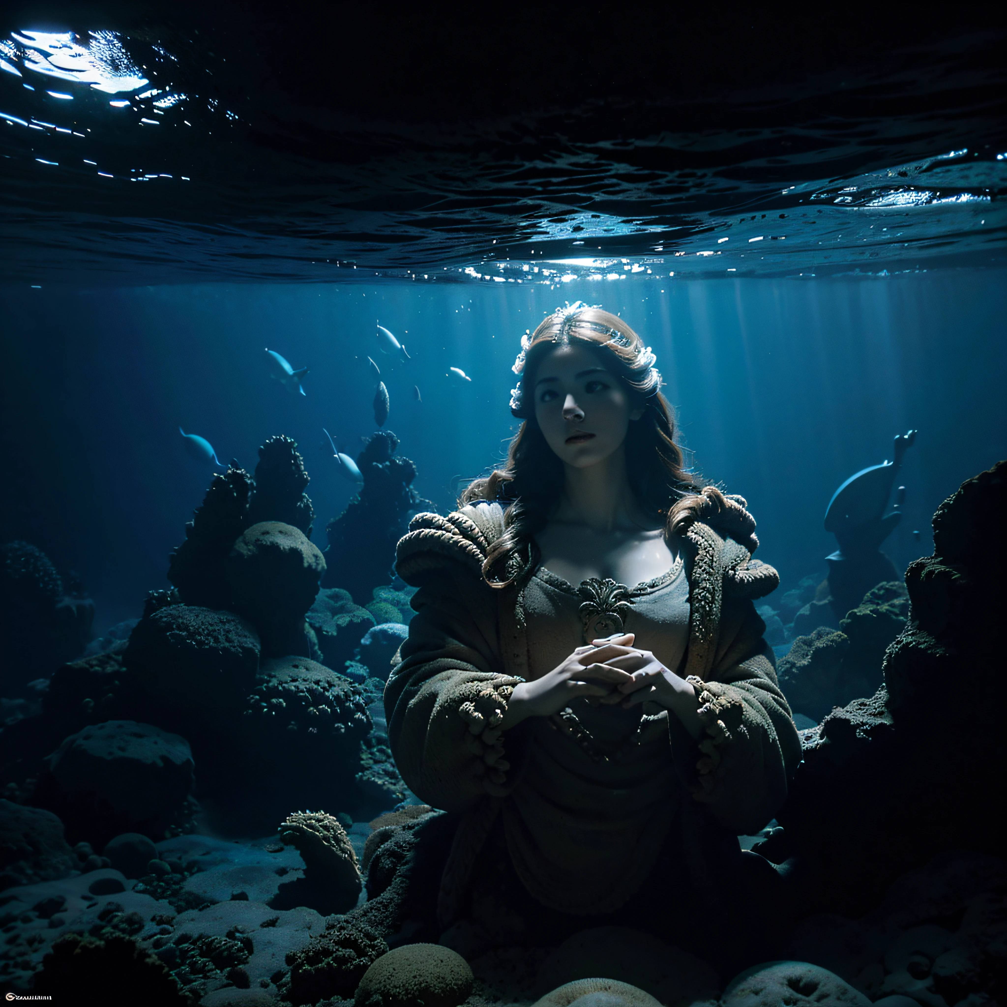 (extremadamente detallado, obra maestra, La mejor calidad, Under the Ocean), Estilo oscuro, volumetric illumination. textura de babosa, piel de caracol. manchas de tinta. Rococo composition. Luz de caravaggio