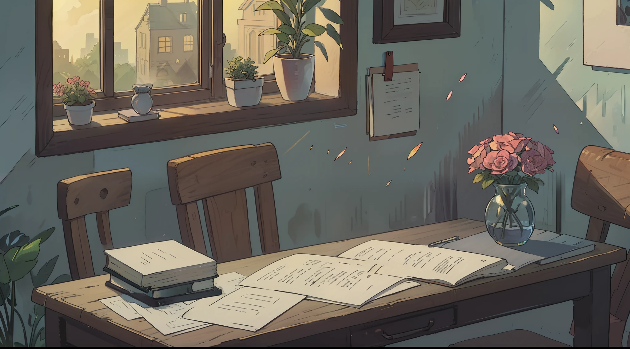 A masterpiece,the best qualityt,high qualit,early in the morning,The desk is by the window,Sunlight shines through the window on the desk top,There are flowers by the window,Plante,book